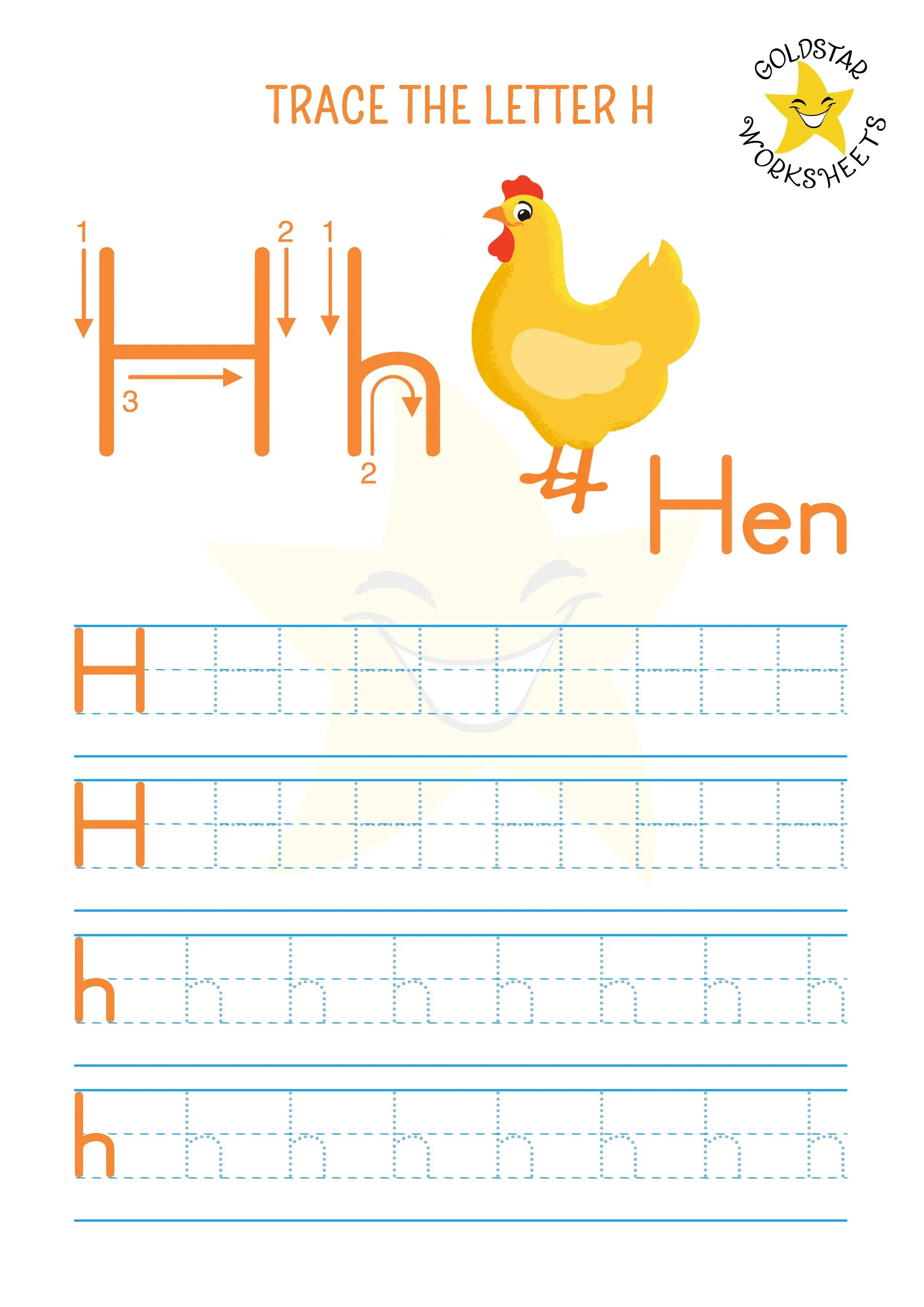 Letter H tracing worksheet with cute hen, combining lowercase and uppercase