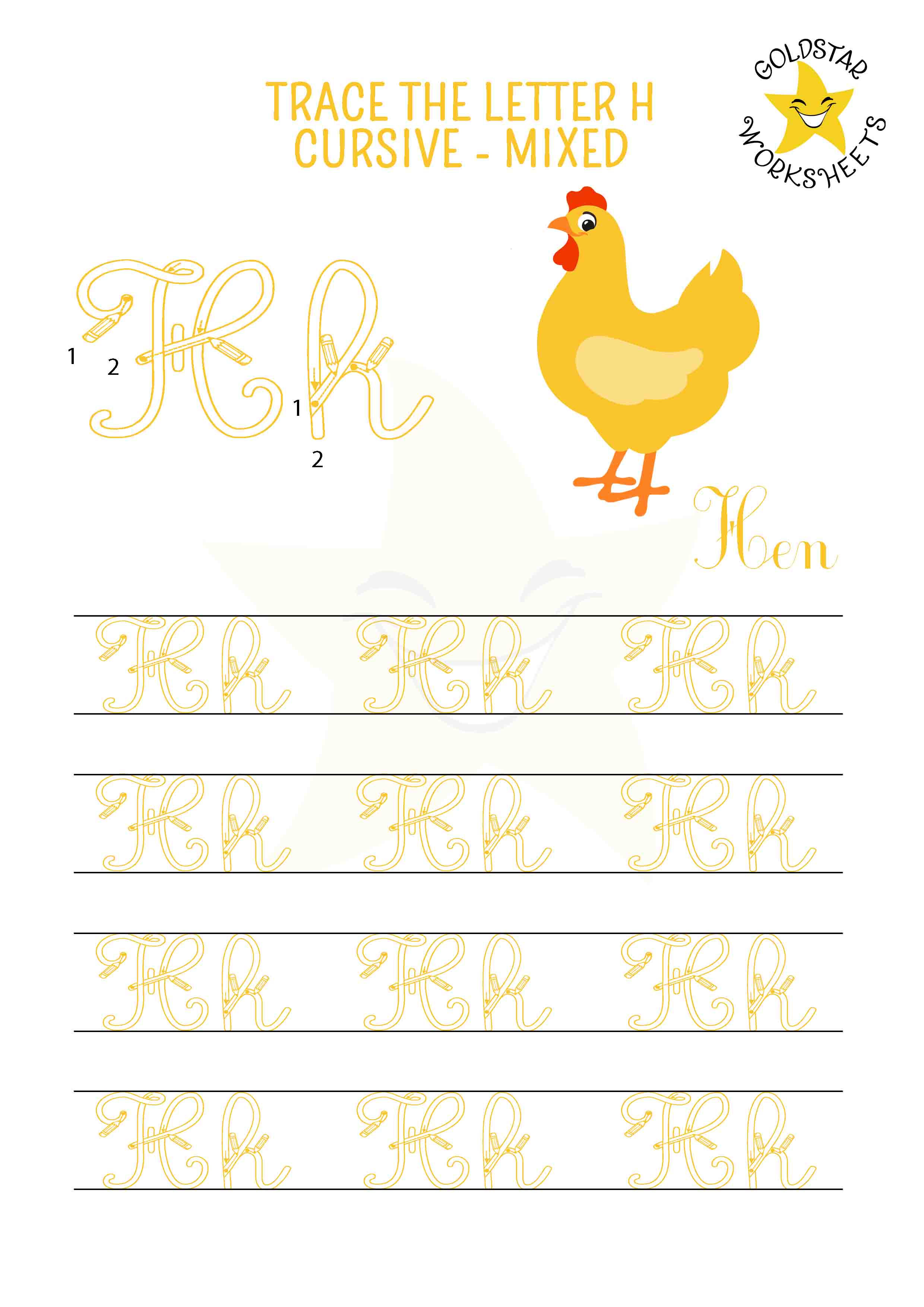 Uppercase and lowercase cursive letter H tracing worksheet. This mixed practise sheet features a cute hen. Free printable PDF for 2nd and 3rd grade kids practicing cursive handwriting. 4 rows of capital h and small h writing includes directional arrows and stroke order.