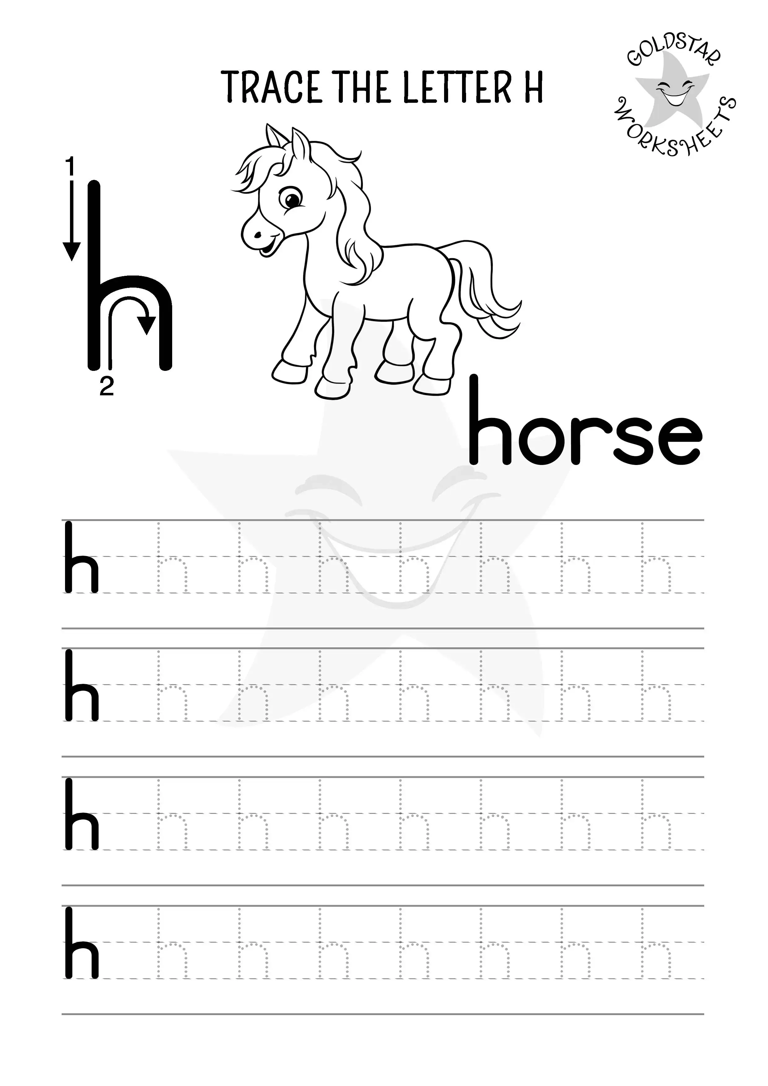 Letter H lowercase tracing and coloring worksheet with cute horse