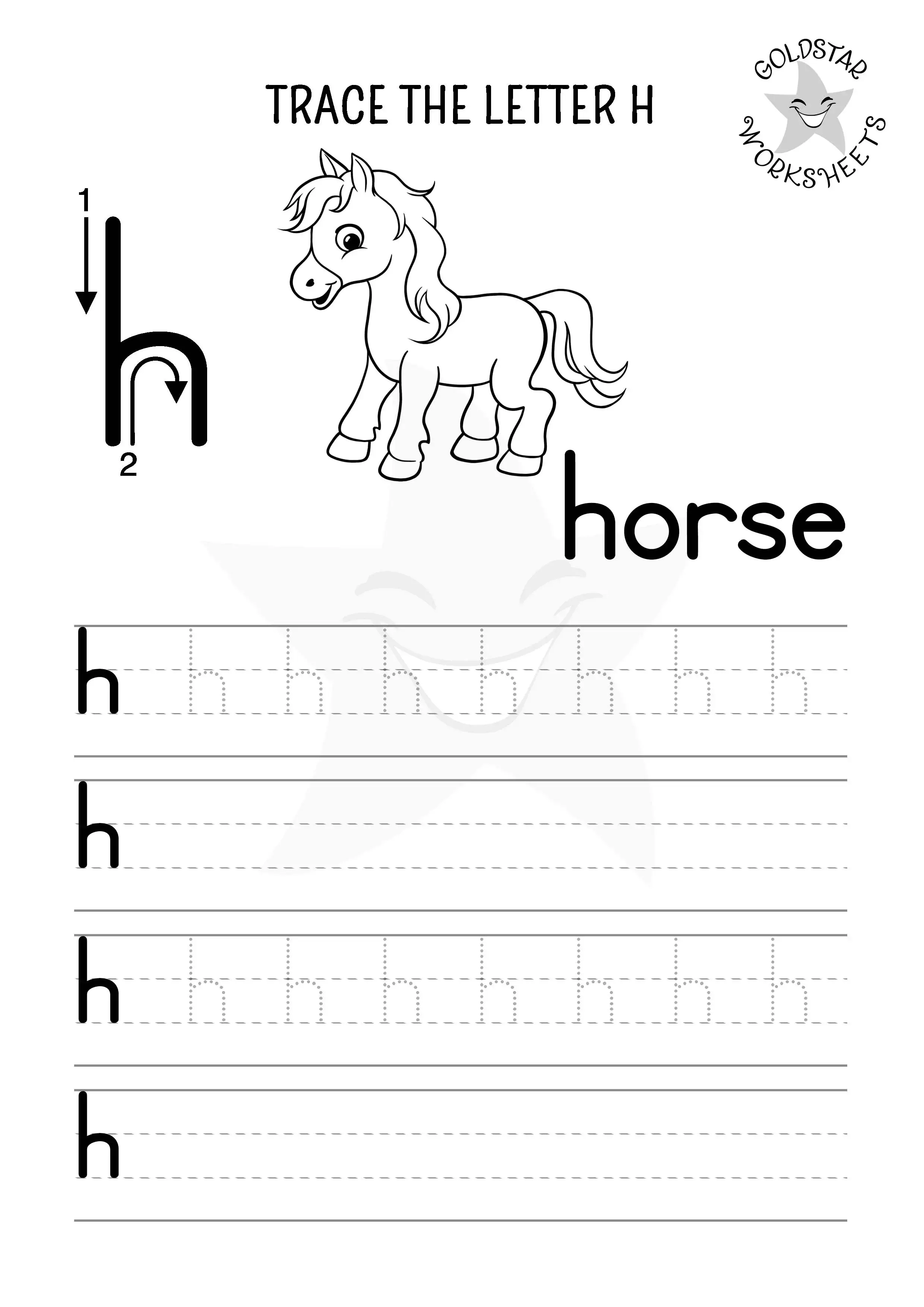 Letter H lowercase tracing, writing, and coloring worksheet with cute horse