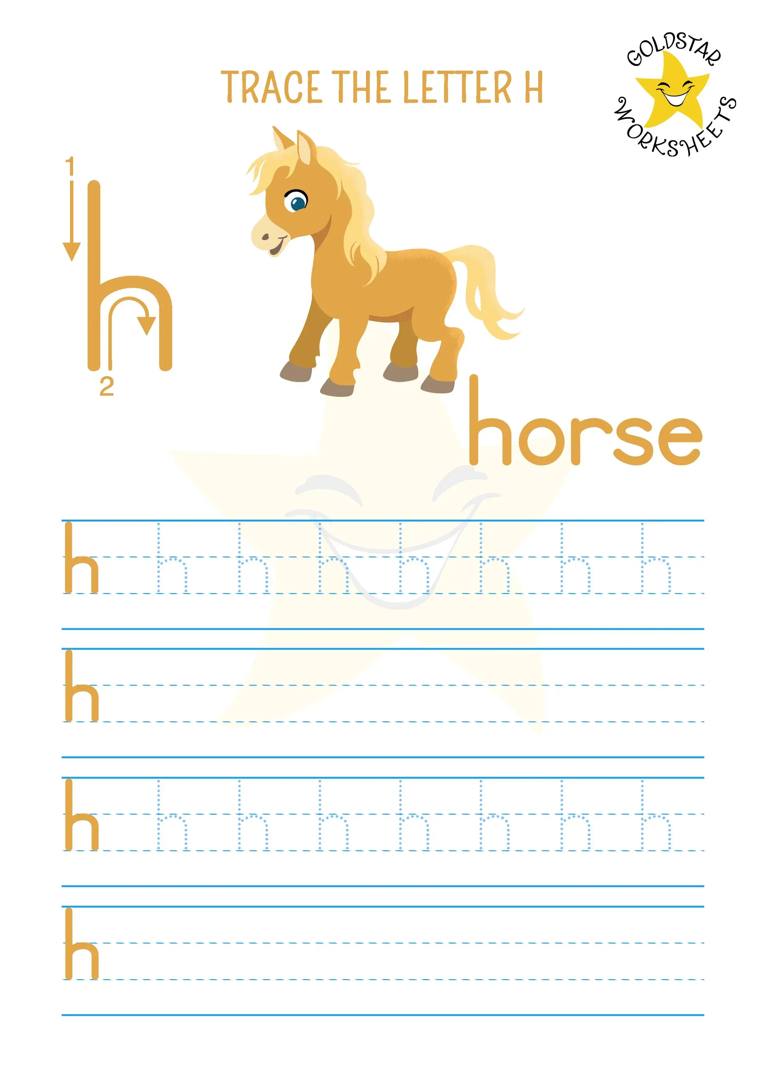 Letter H lowercase tracing and writing worksheet with cute horse