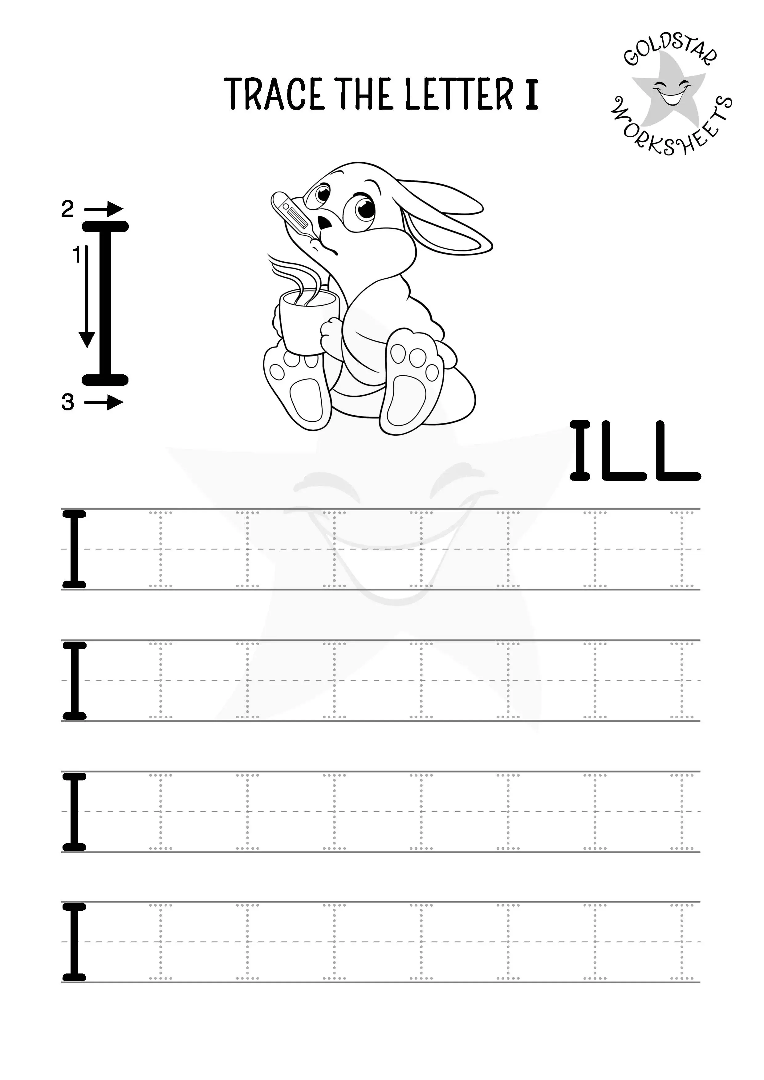 Tracing the uppercase I practice - black and white version. I for ill with cute bunny. 