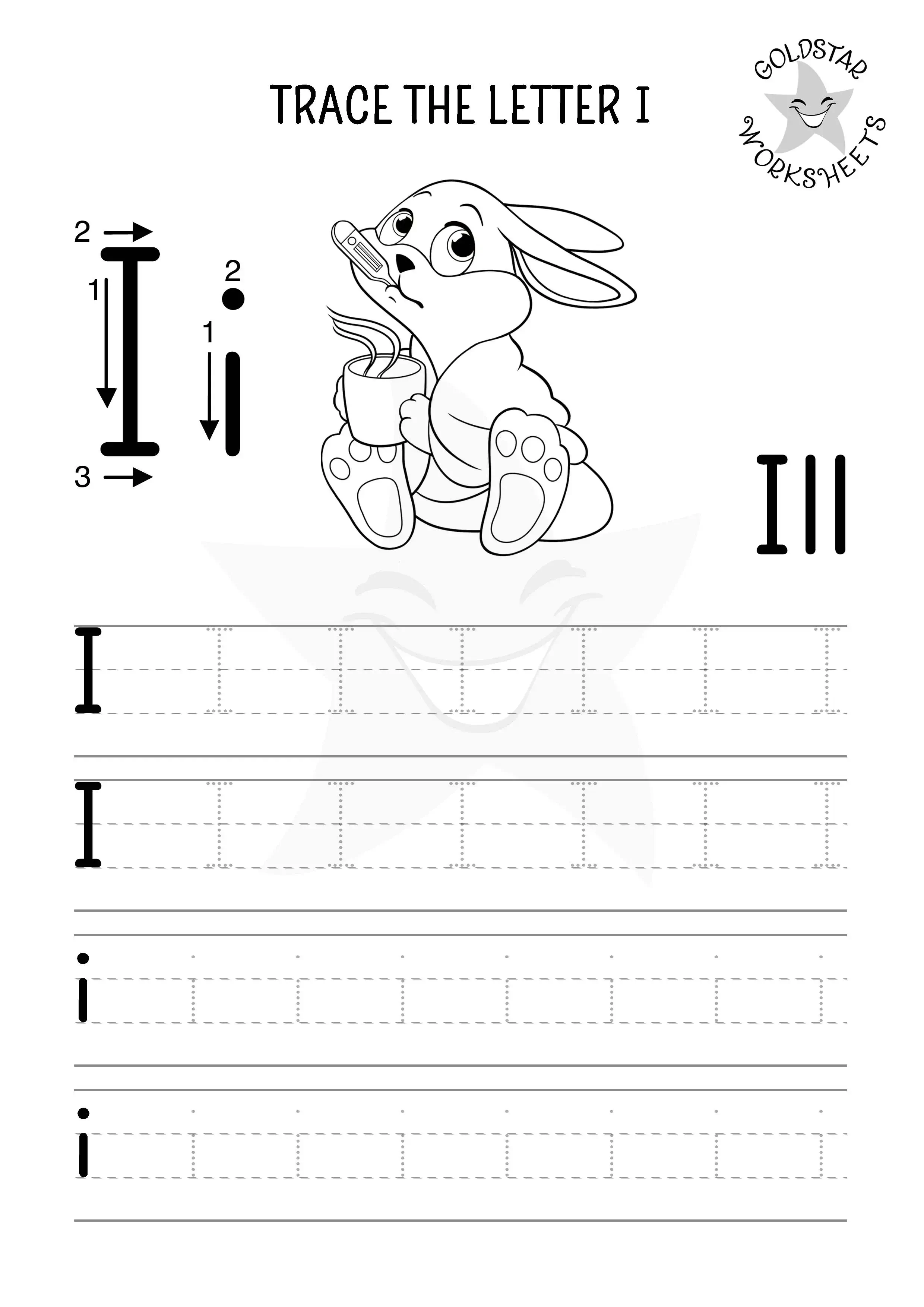 I for Ill – Simple black and white tracing worksheet for uppercase and lowercase I, designed for kids to color and trace.