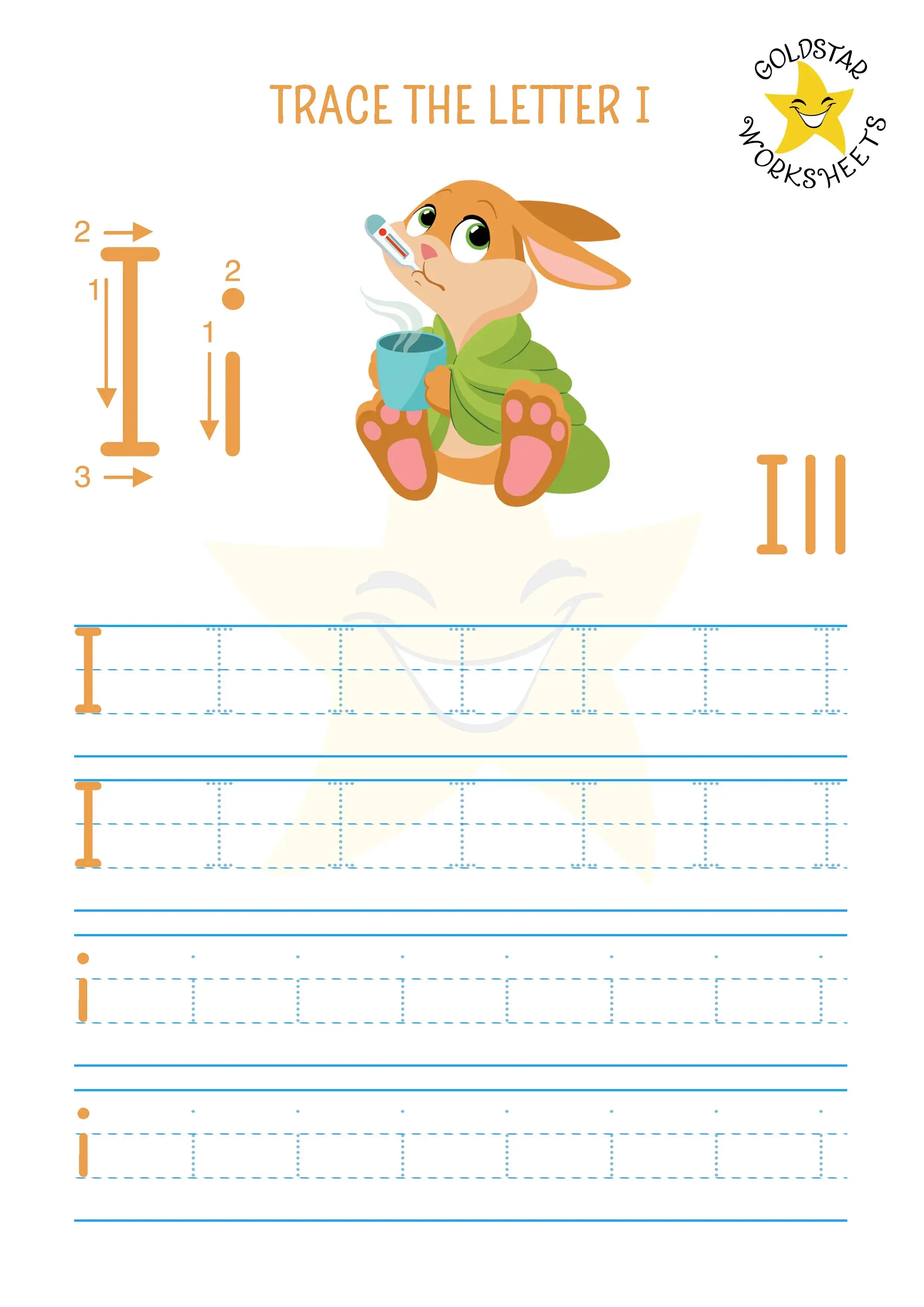 Letter I tracing worksheet with a bunny feeling ill. Upper and lowercase practice combined
