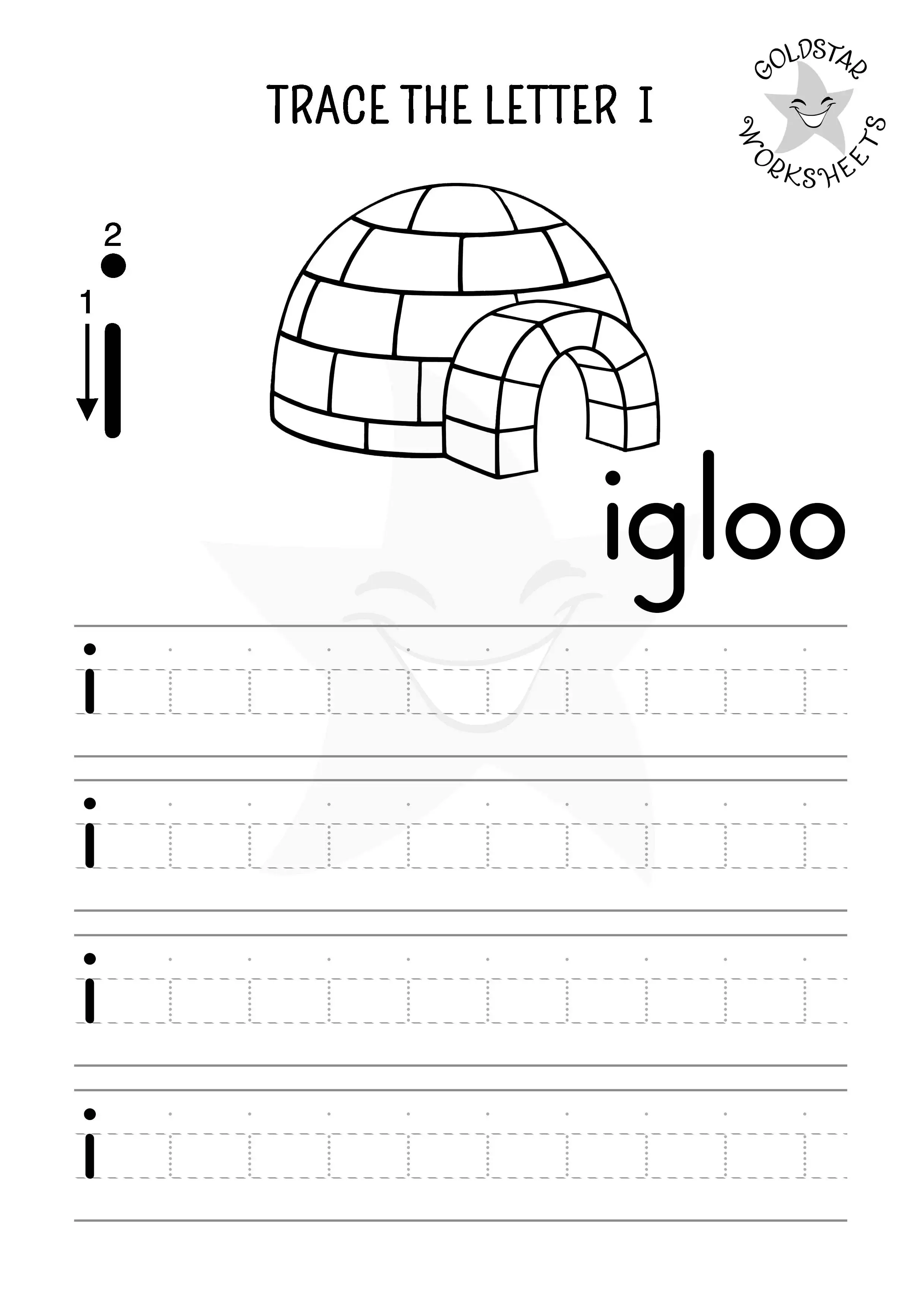 Lowercase i tracing and coloring with a cool igloo