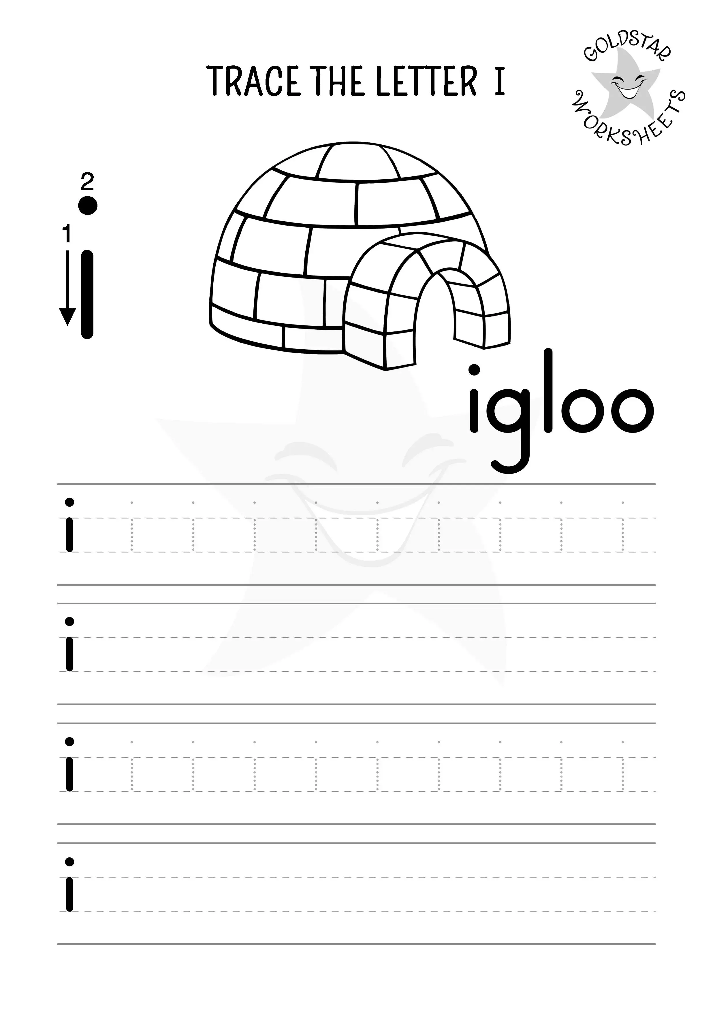 Lowercase i tracing, writing, and coloring with a cool igloo