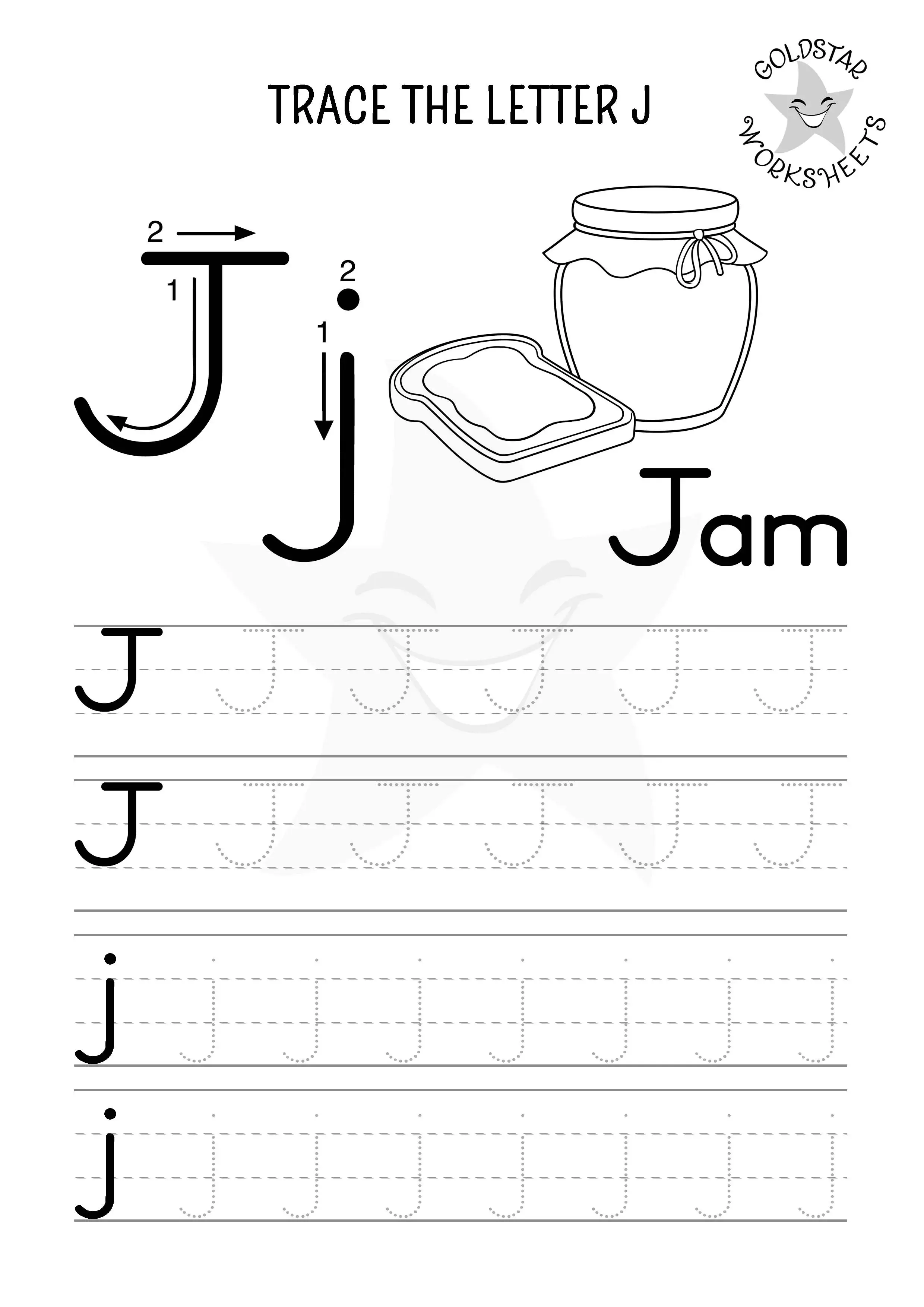 J for Jam – Letter J tracing sheet with mixed case letters and black and white coloring.