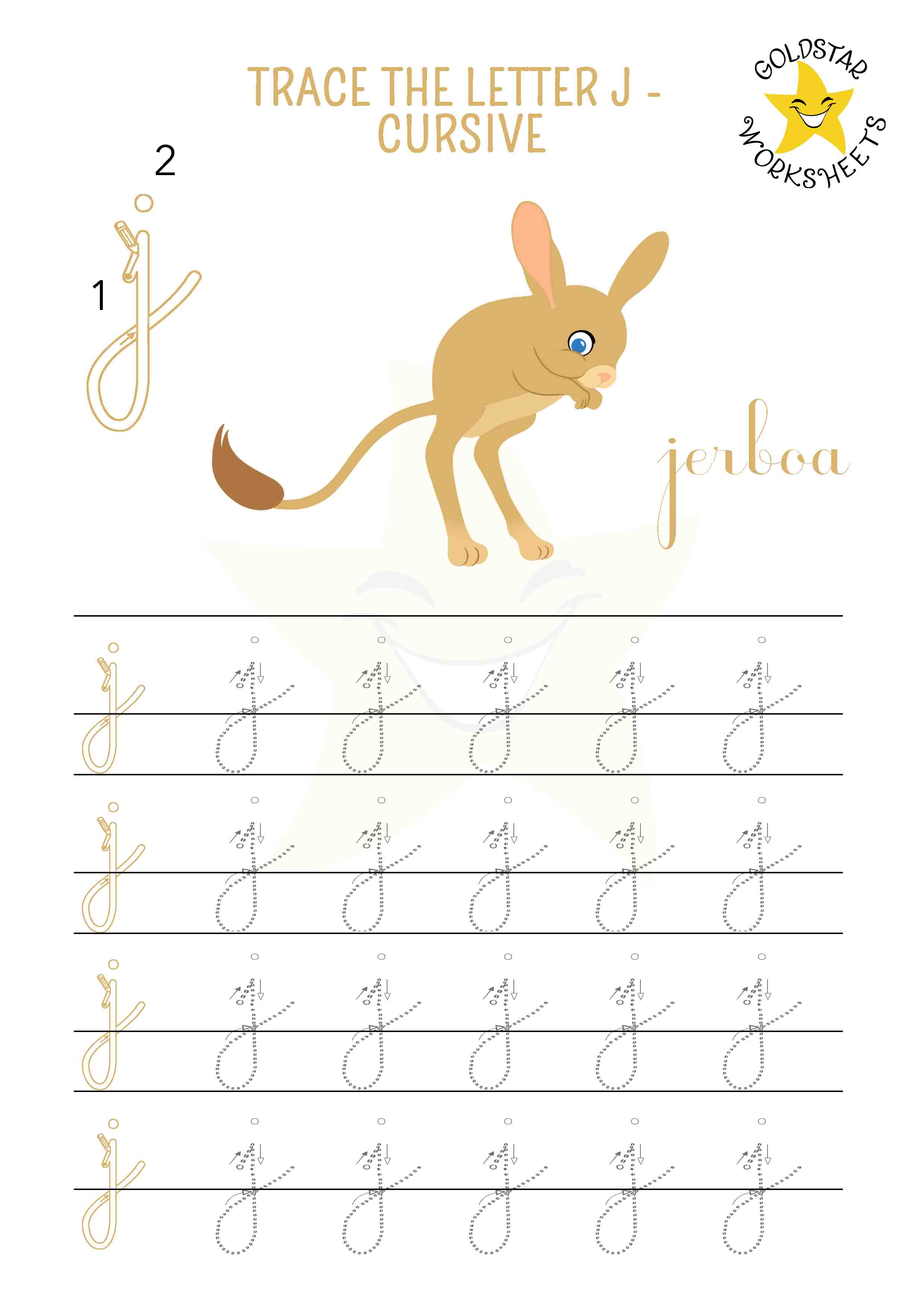 Lowercase cursive letter j tracing worksheet with a jumping jerboa design. Perfect for cursive handwriting practice. 4 rows of small j writing with stroke order and directional arrows.
