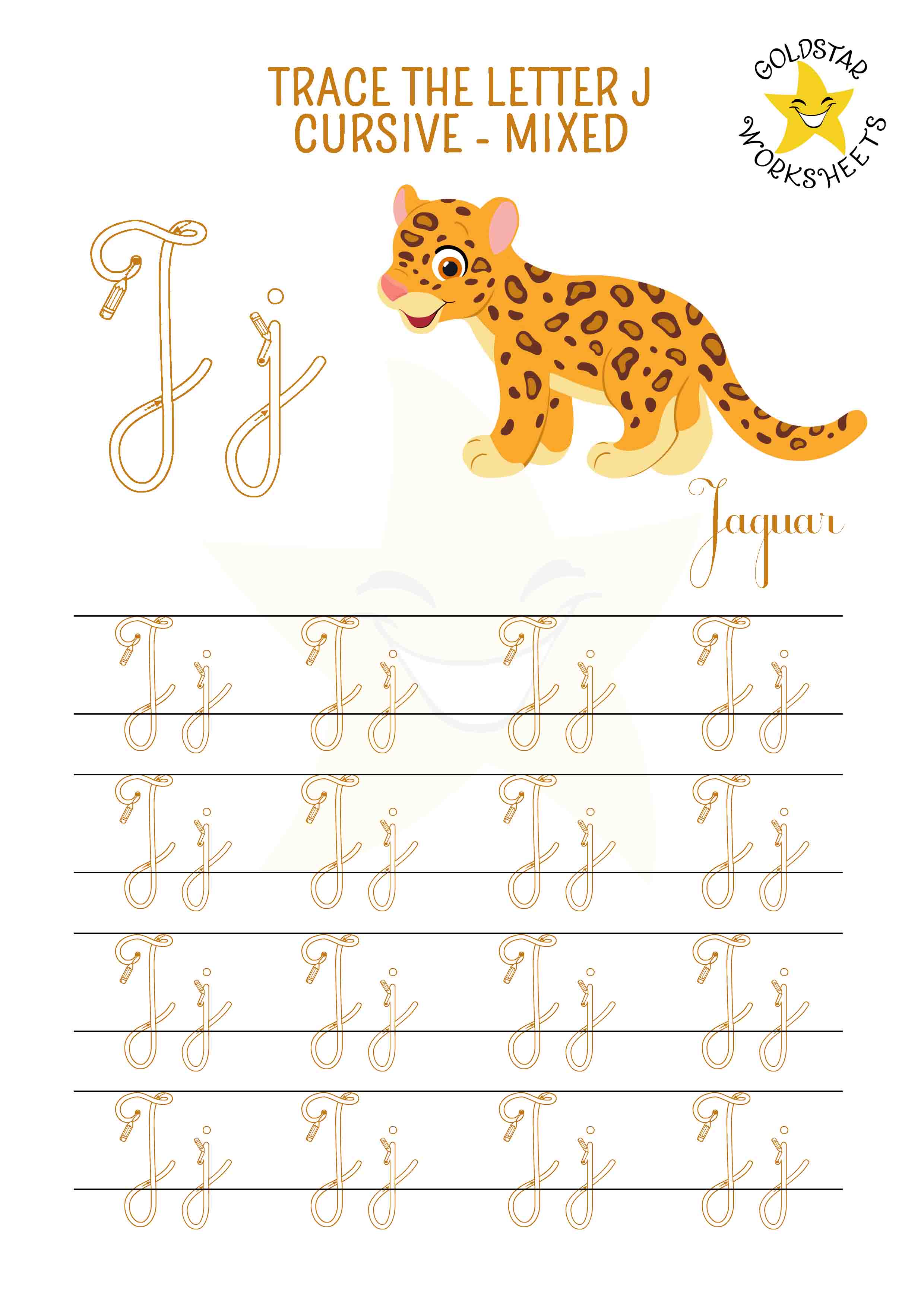 Uppercase and lowercase cursive letter J tracing worksheet. This mixed practise sheet features a cool jaguar. Free printable PDF for 2nd and 3rd grade kids practicing cursive handwriting. 4 rows of capital J and small j writing includes directional arrows and stroke order.