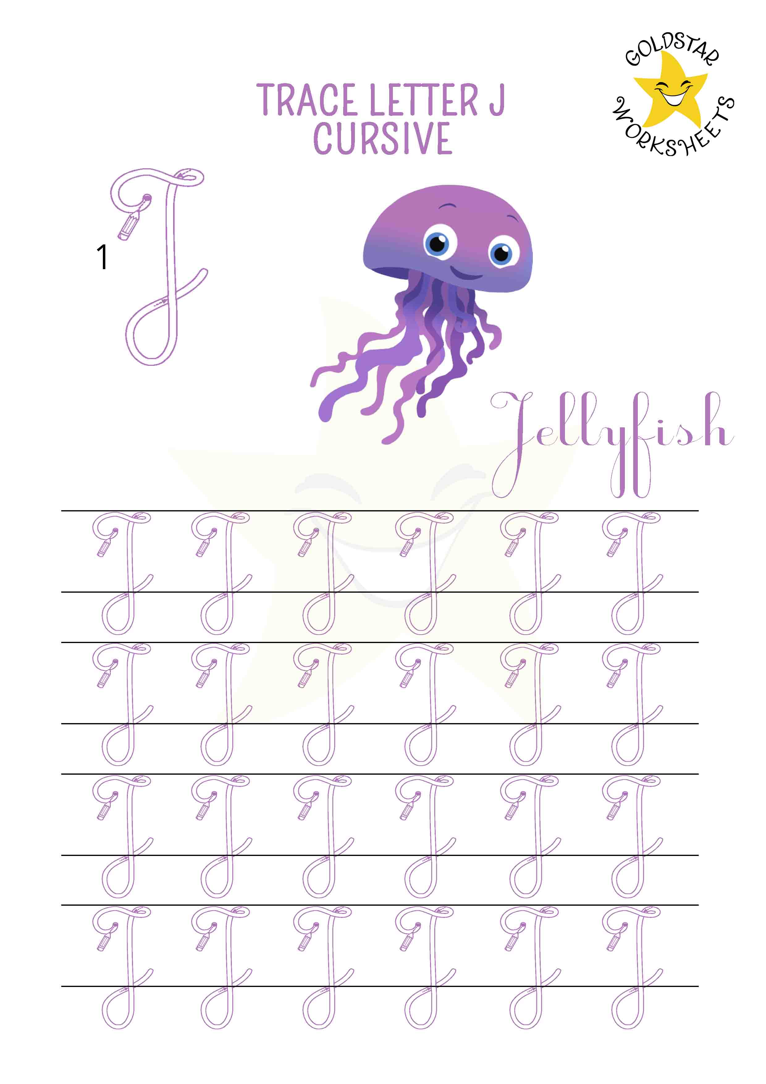 Uppercase cursive letter J tracing worksheet with fun jellyfish design. Perfect for cursive handwriting practice. 4 rows of capital J writing with stroke order and directional arrows.