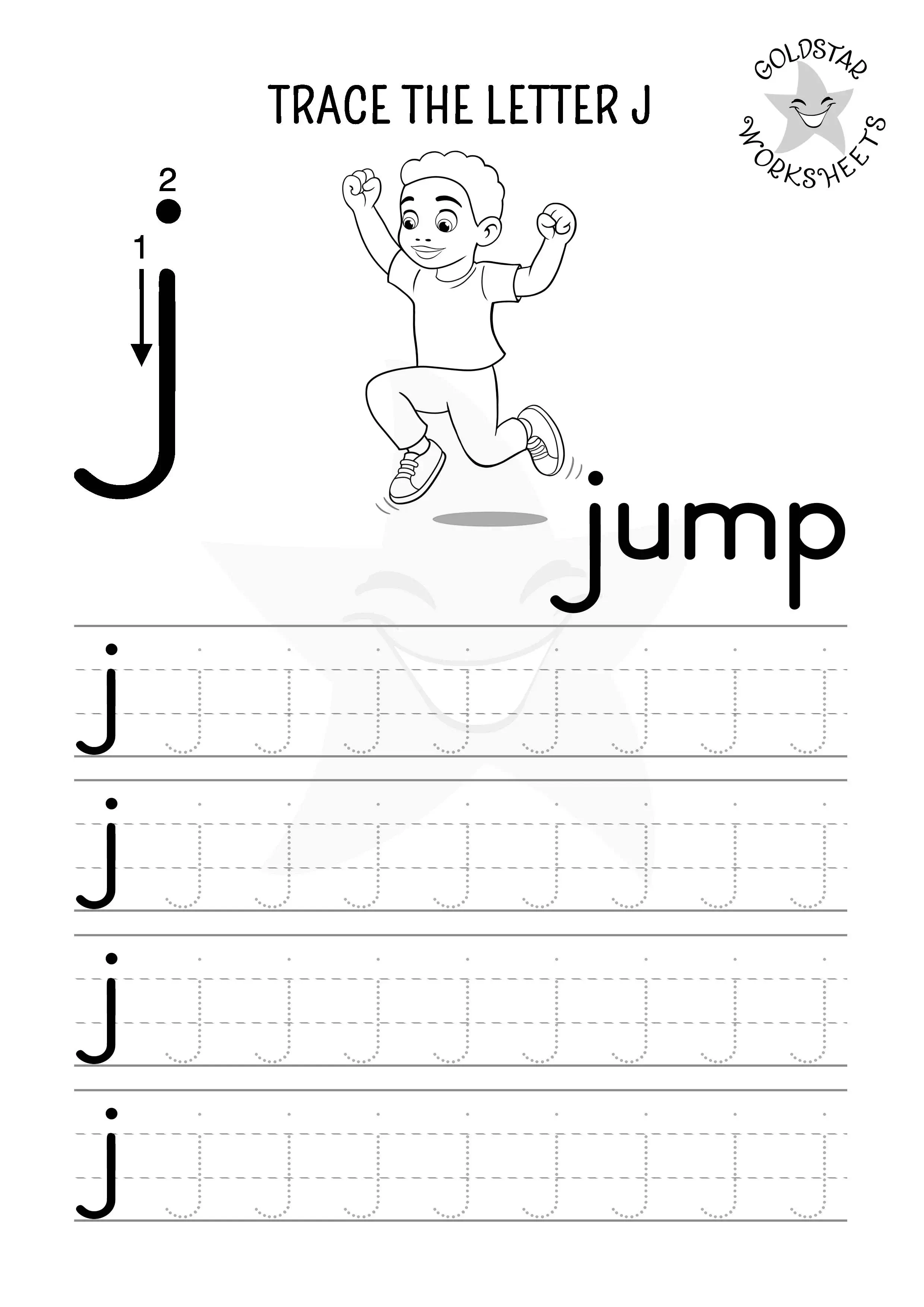 Trace the lowercase letter j and color the jumping boy