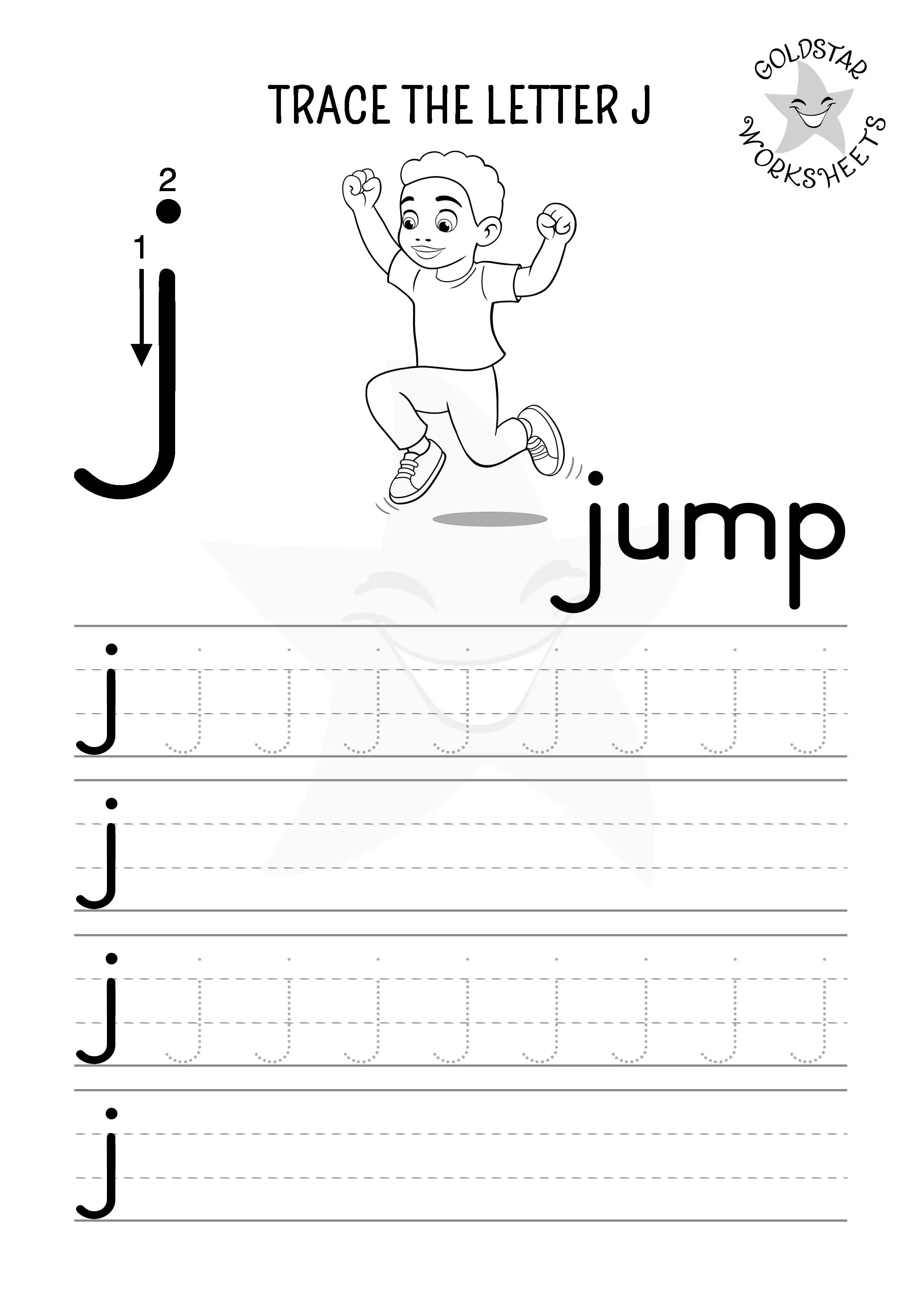 Trace and write the lowercase letter j and color the jumping boy