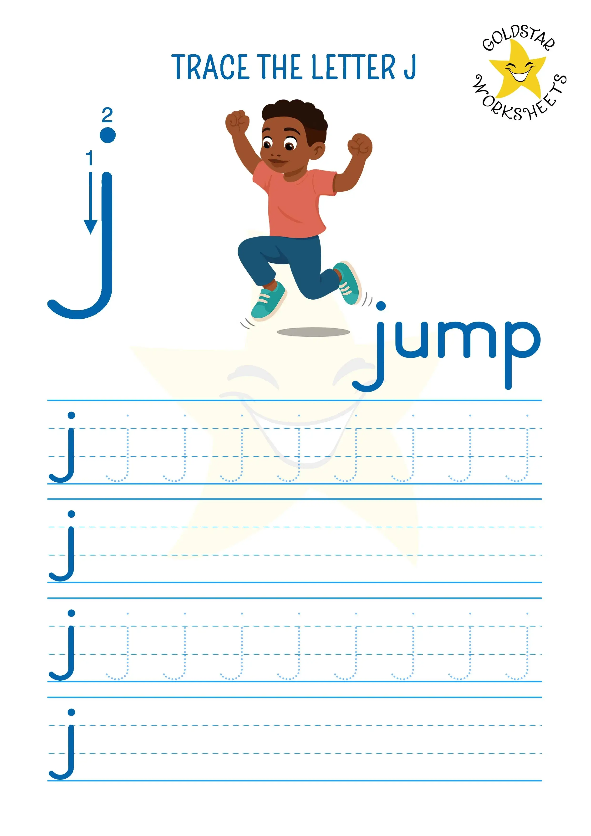 Trace and write the letter j lowercase worksheet. J for jump
