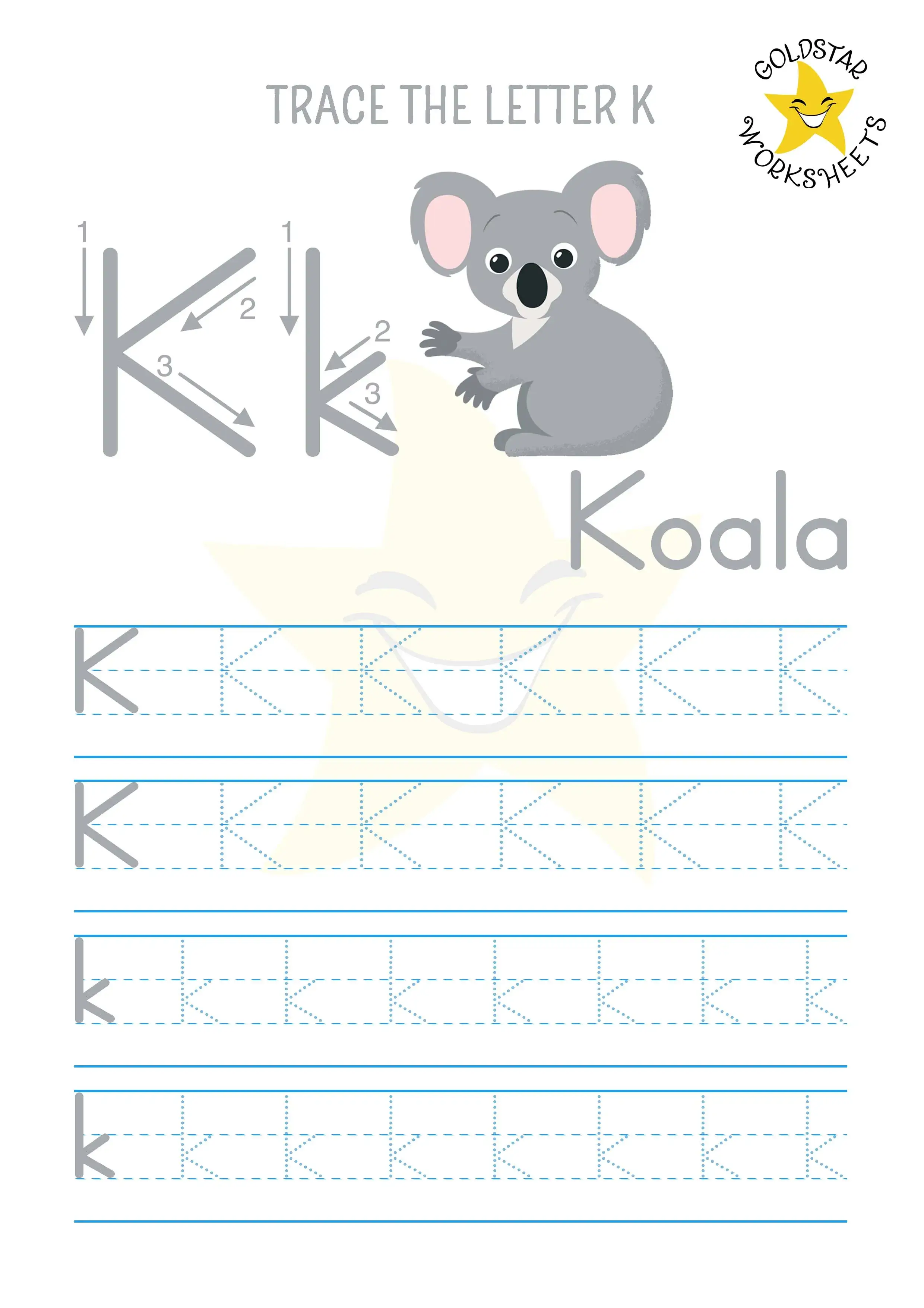 K for Koala - Free printable trace the letter K worksheet - upper and lowercase together