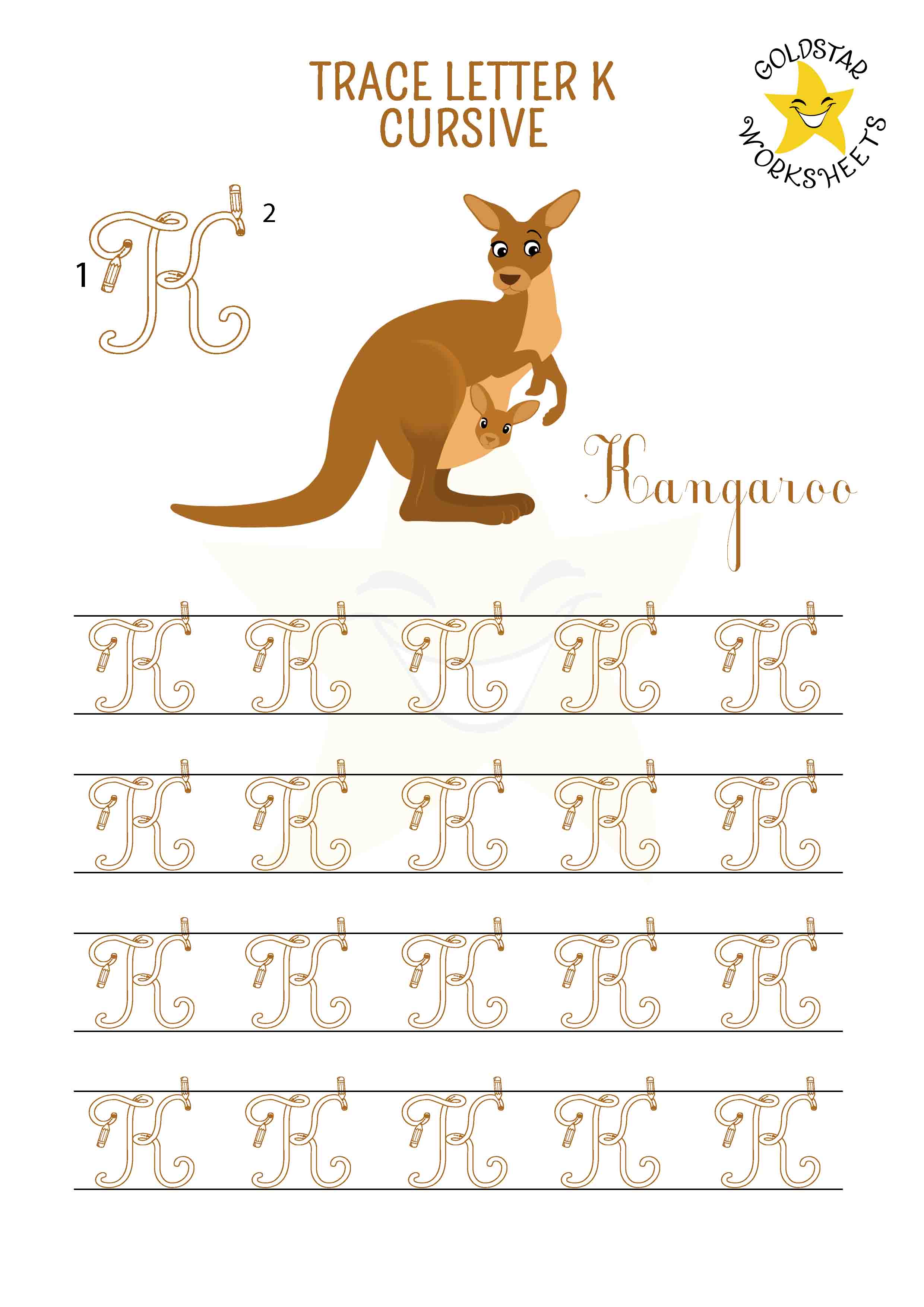 Uppercase cursive letter K tracing worksheet with a cool kangaroo design. Fun and engaging handwriting practice for kids. 4 rows of capital K writing with stroke order and directional arrows.