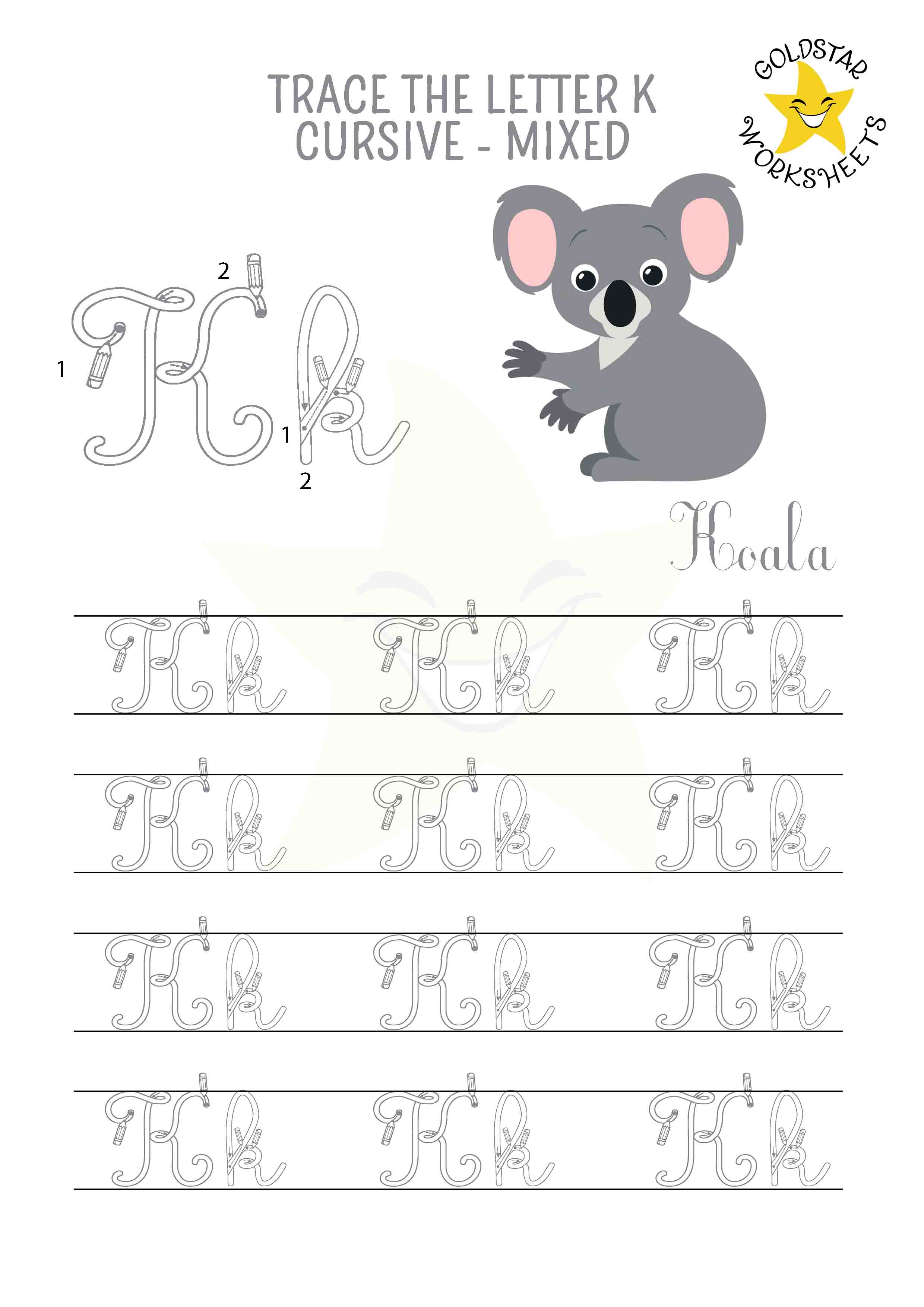 Upper and lowercase cursive letter K tracing worksheet. This mixed practise sheet features a cute koala. Free printable PDF for 2nd and 3rd grade kids practicing cursive handwriting. 4 rows of capital k and small k writing includes directional arrows and stroke order.