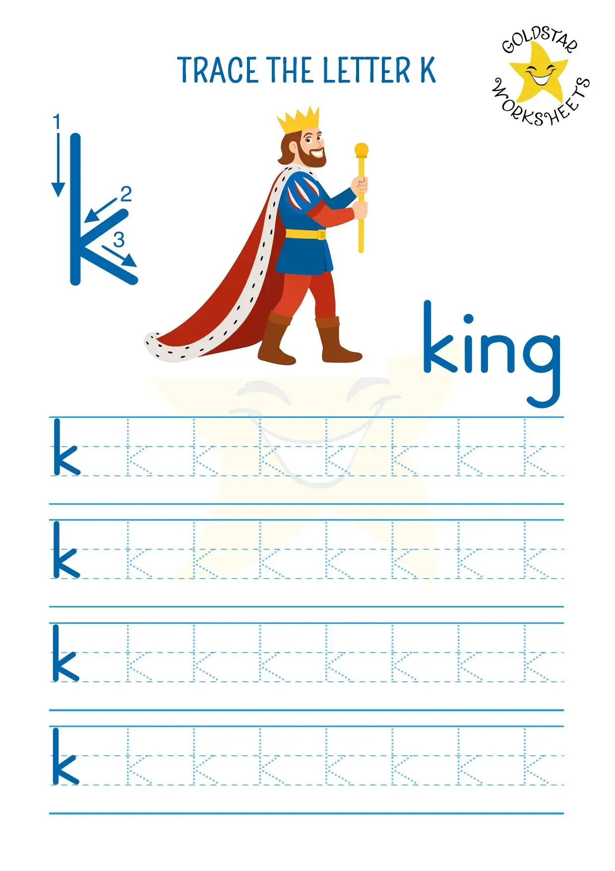Fun lowercase letter k tracing worksheet with our noble king!