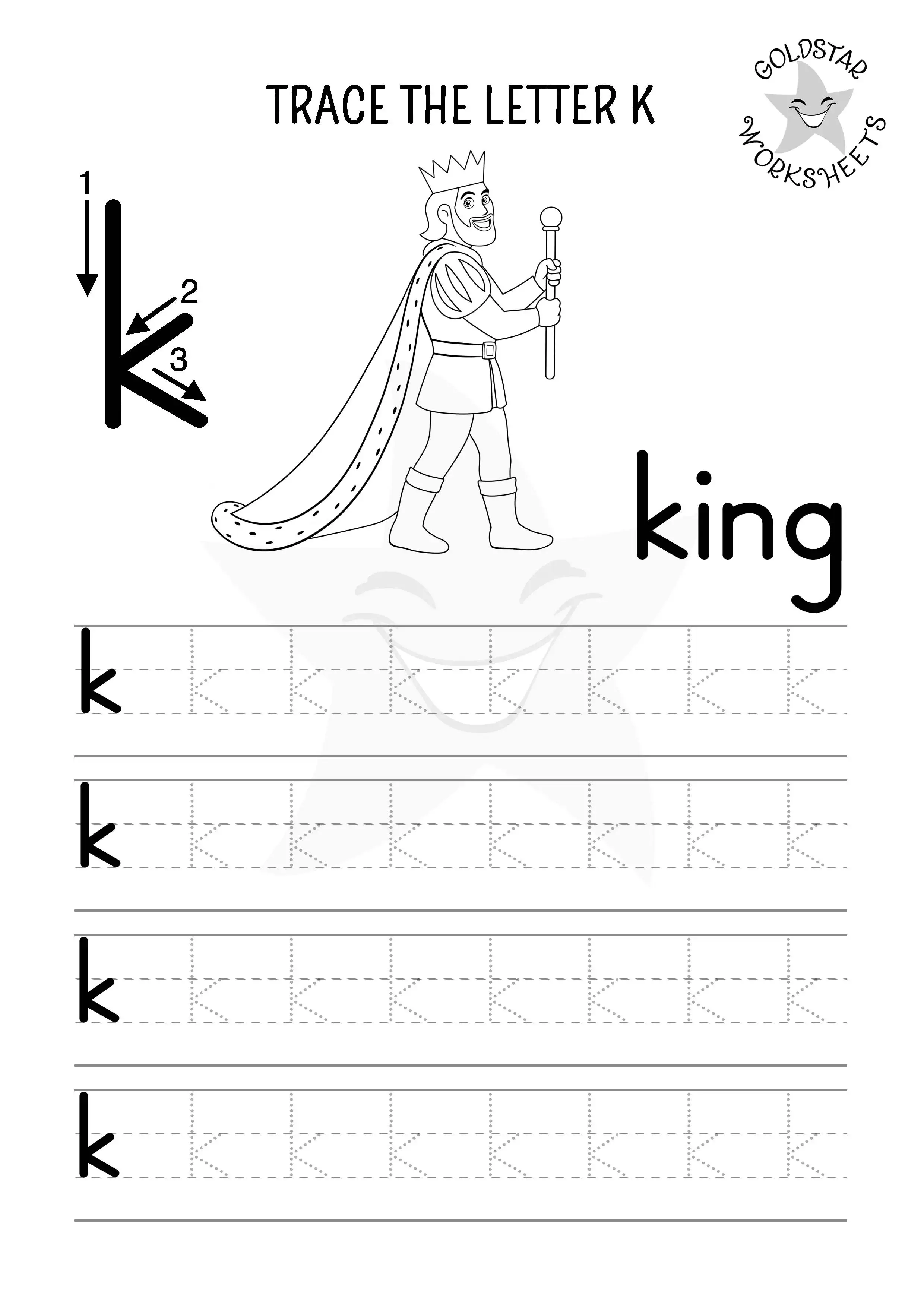 Fun lowercase letter k tracing and coloring worksheet with our noble king!