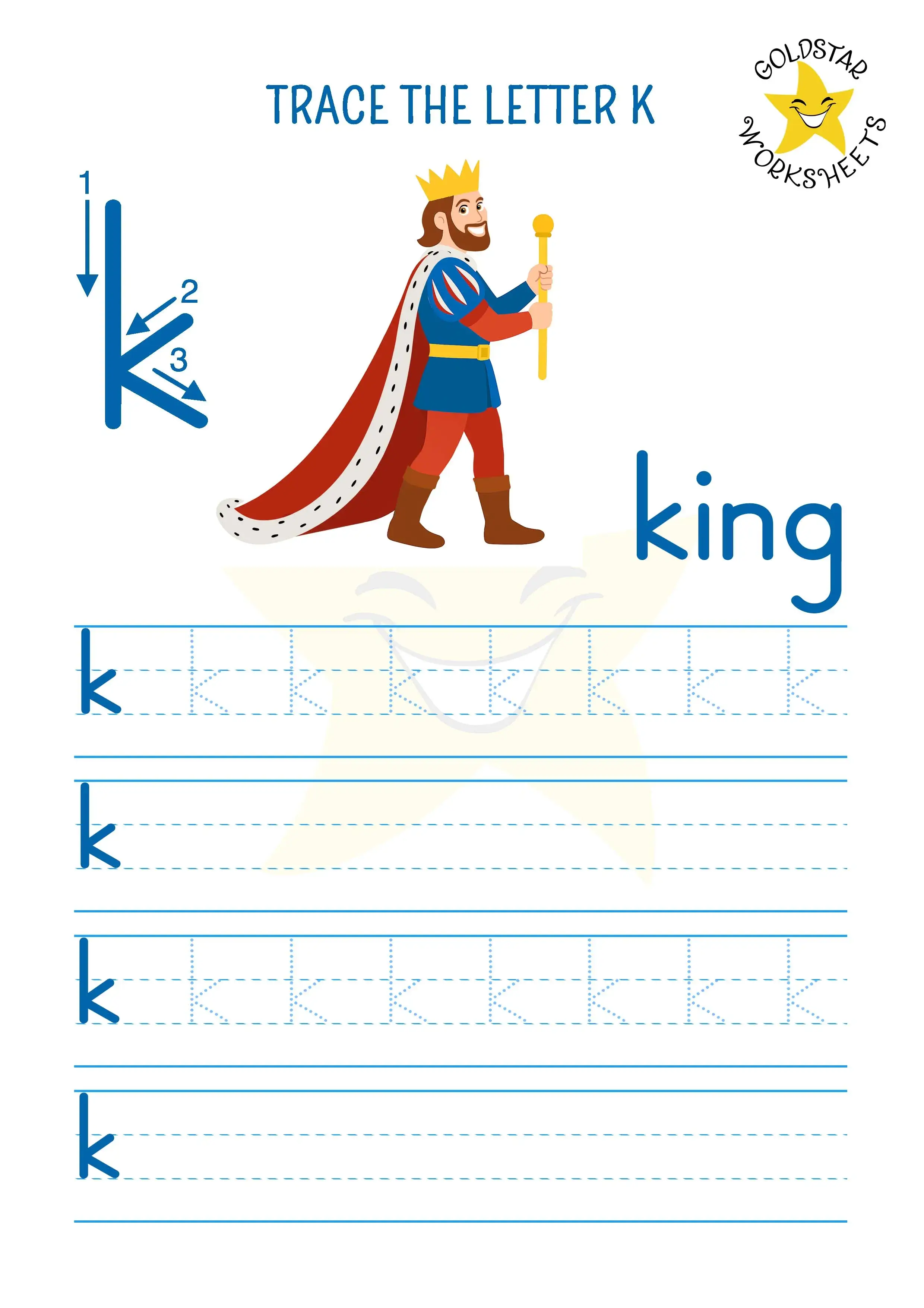 Fun lowercase letter k tracing and writing worksheet with our noble king!