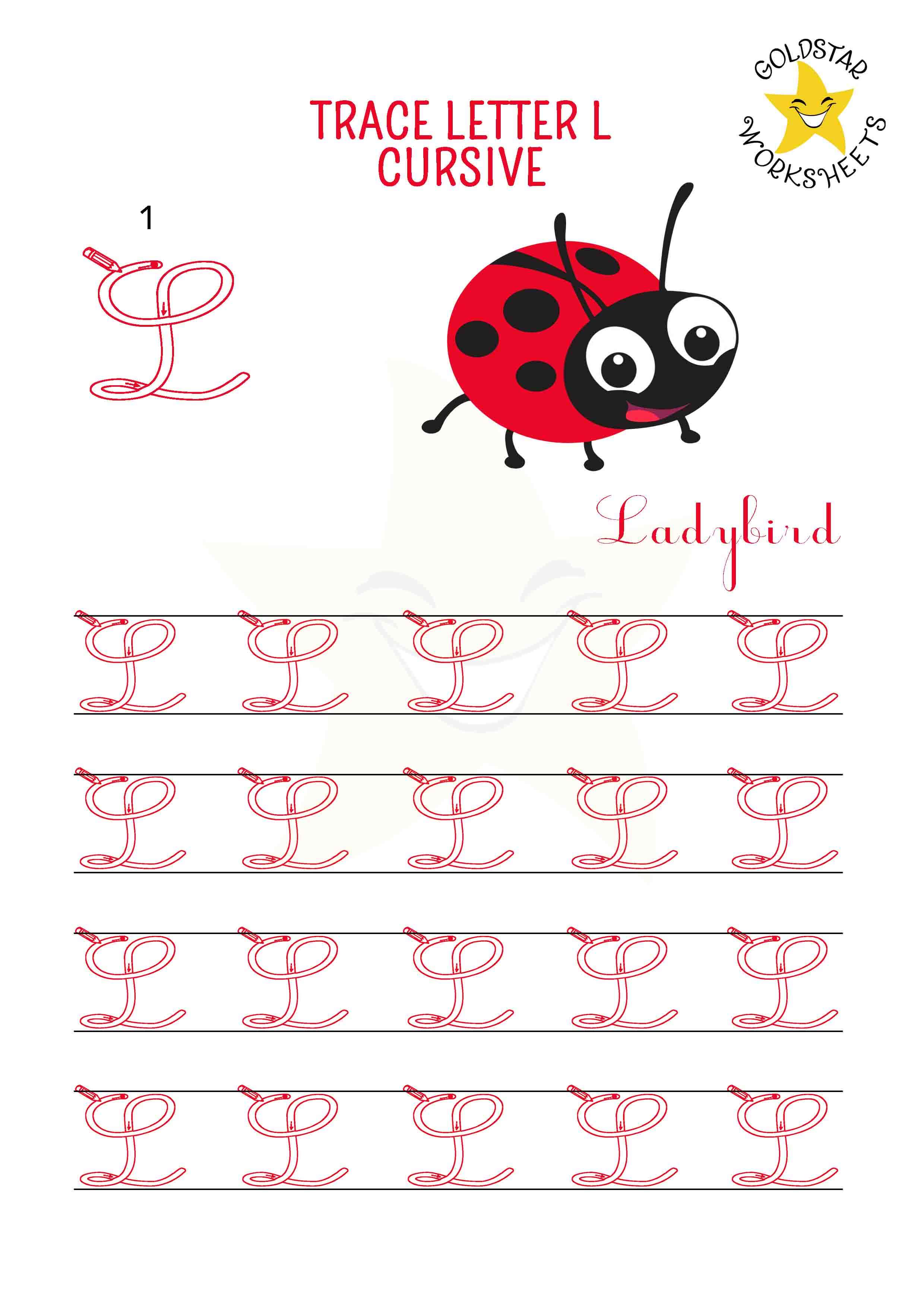Uppercase cursive letter l tracing worksheet with a lovely ladybird design. Perfect for handwriting practice. 4 rows of capital L writing with stroke order and directional arrows.