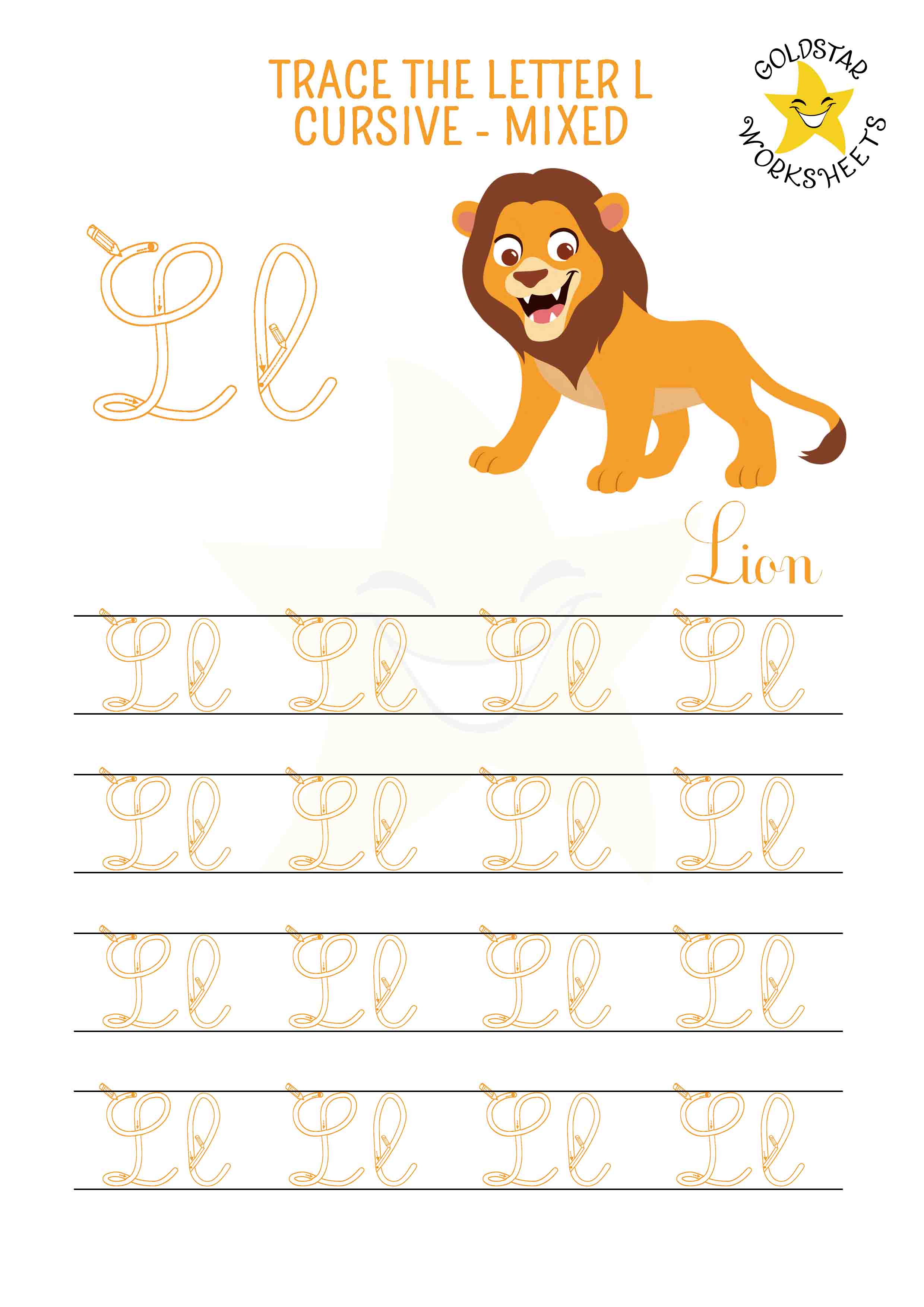 Upper and lowercase cursive letter L tracing worksheet. This mixed practise sheet features a friendly lion cub. Free printable PDF for 2nd and 3rd grade kids practicing cursive handwriting. 4 rows of capital L and small l writing includes directional arrows and stroke order.