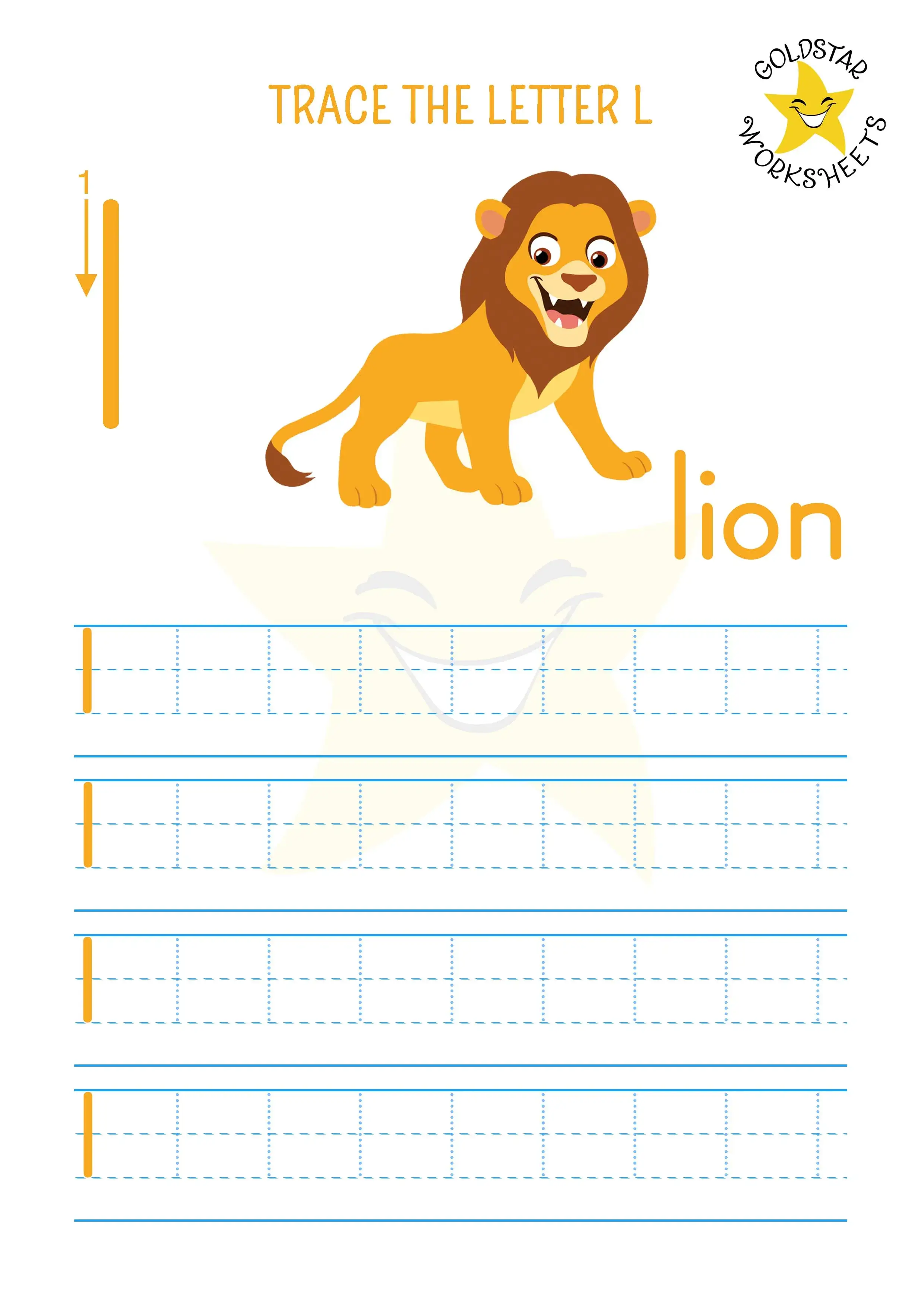 Letter L tracing worksheet with a roaring lion