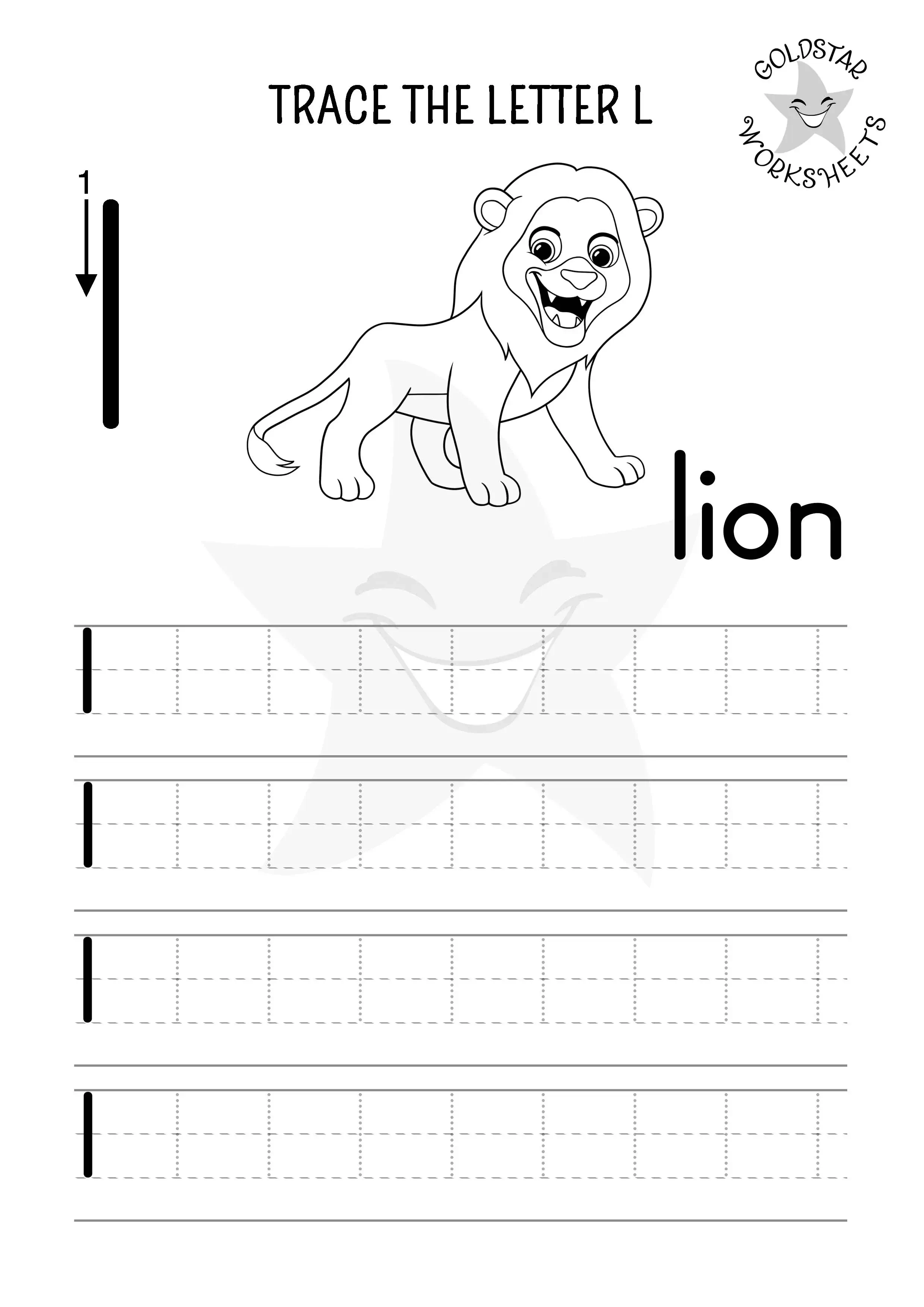 Letter L tracing and coloring worksheet with a roaring lion