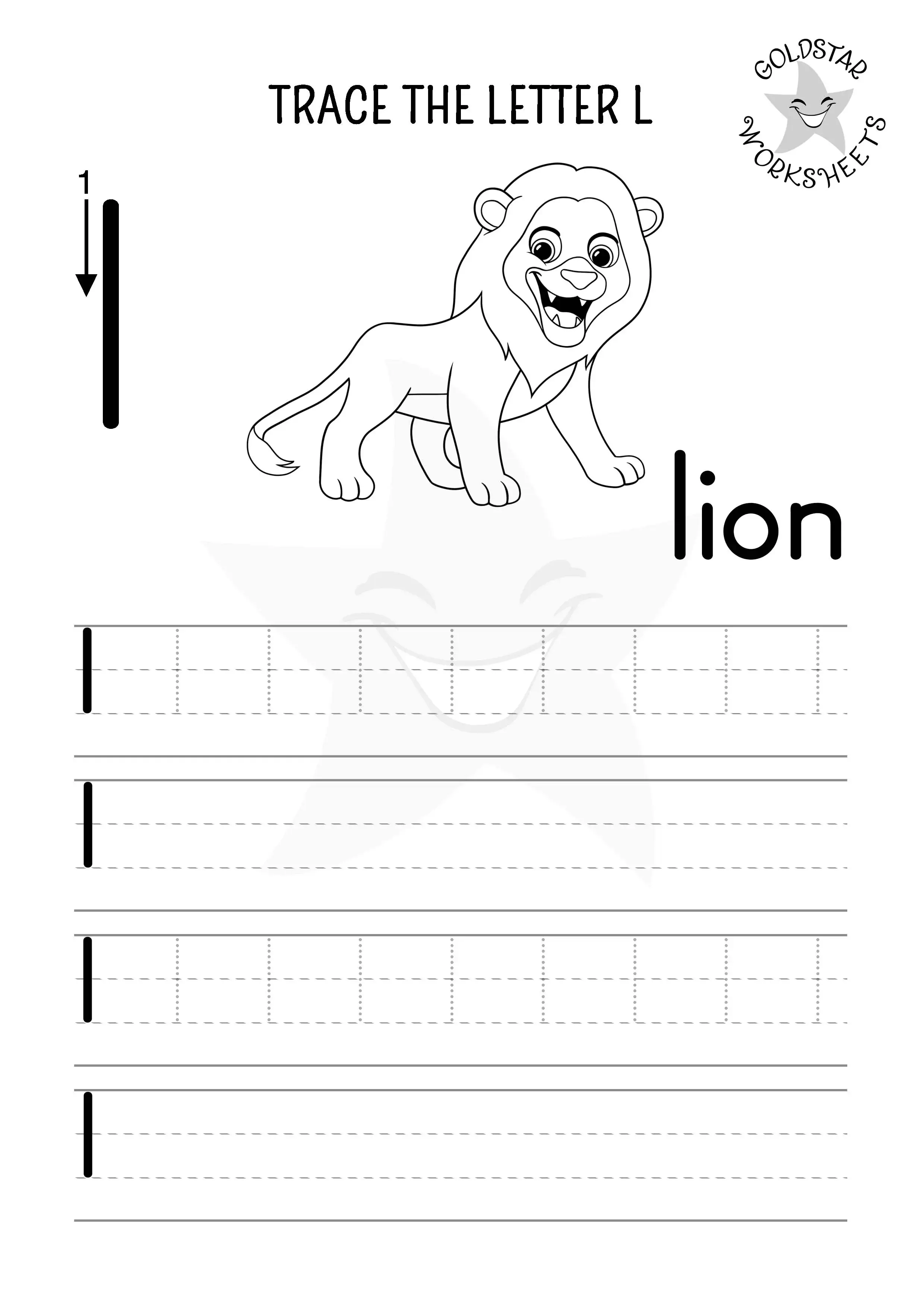Lowercase letter L tracing, writing, and coloring worksheet with a roaring lion