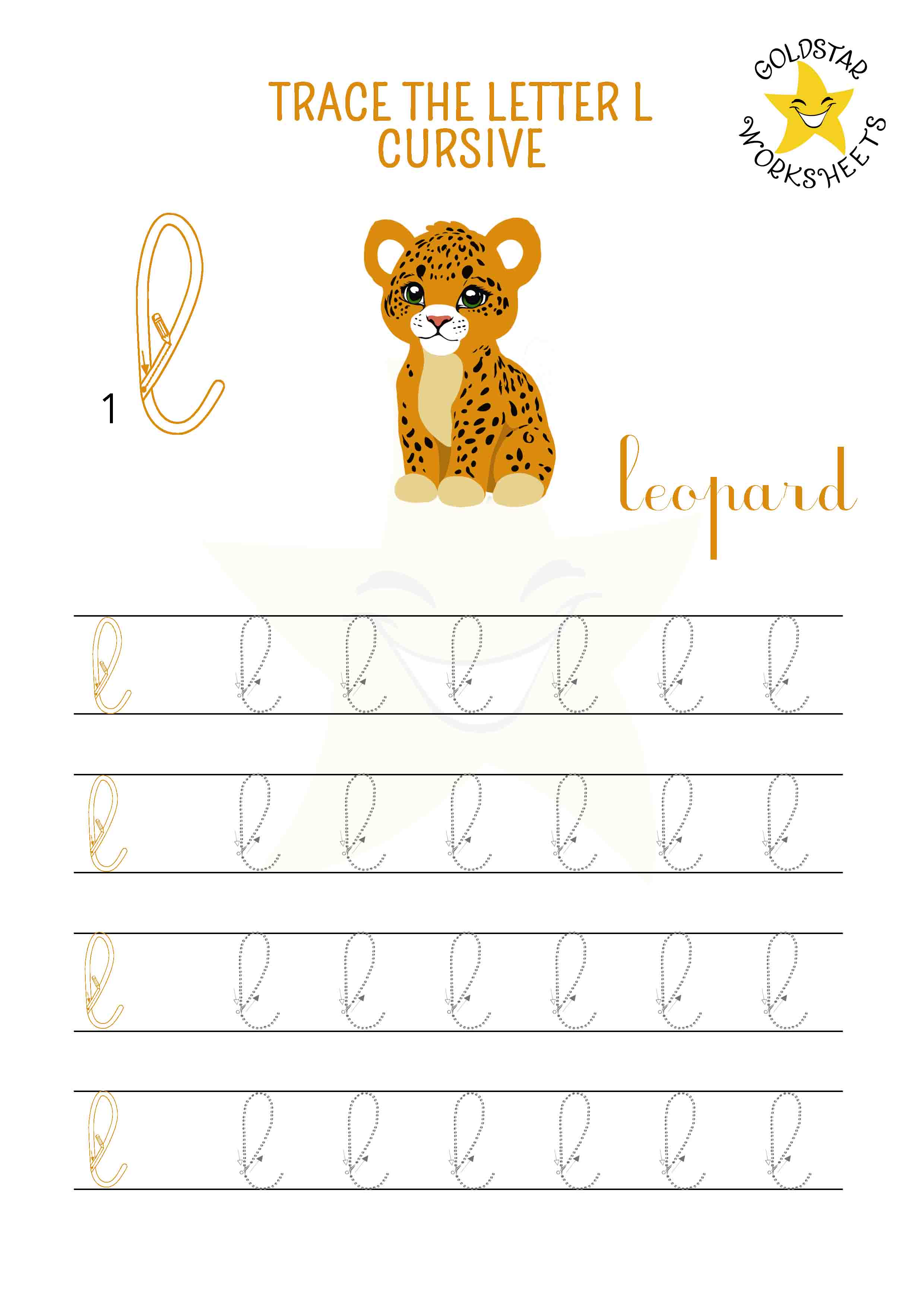 Lowercase cursive letter l tracing worksheet with a lovable leopard design. Perfect for handwriting practice. 4 rows of small l writing with stroke order and directional arrows.