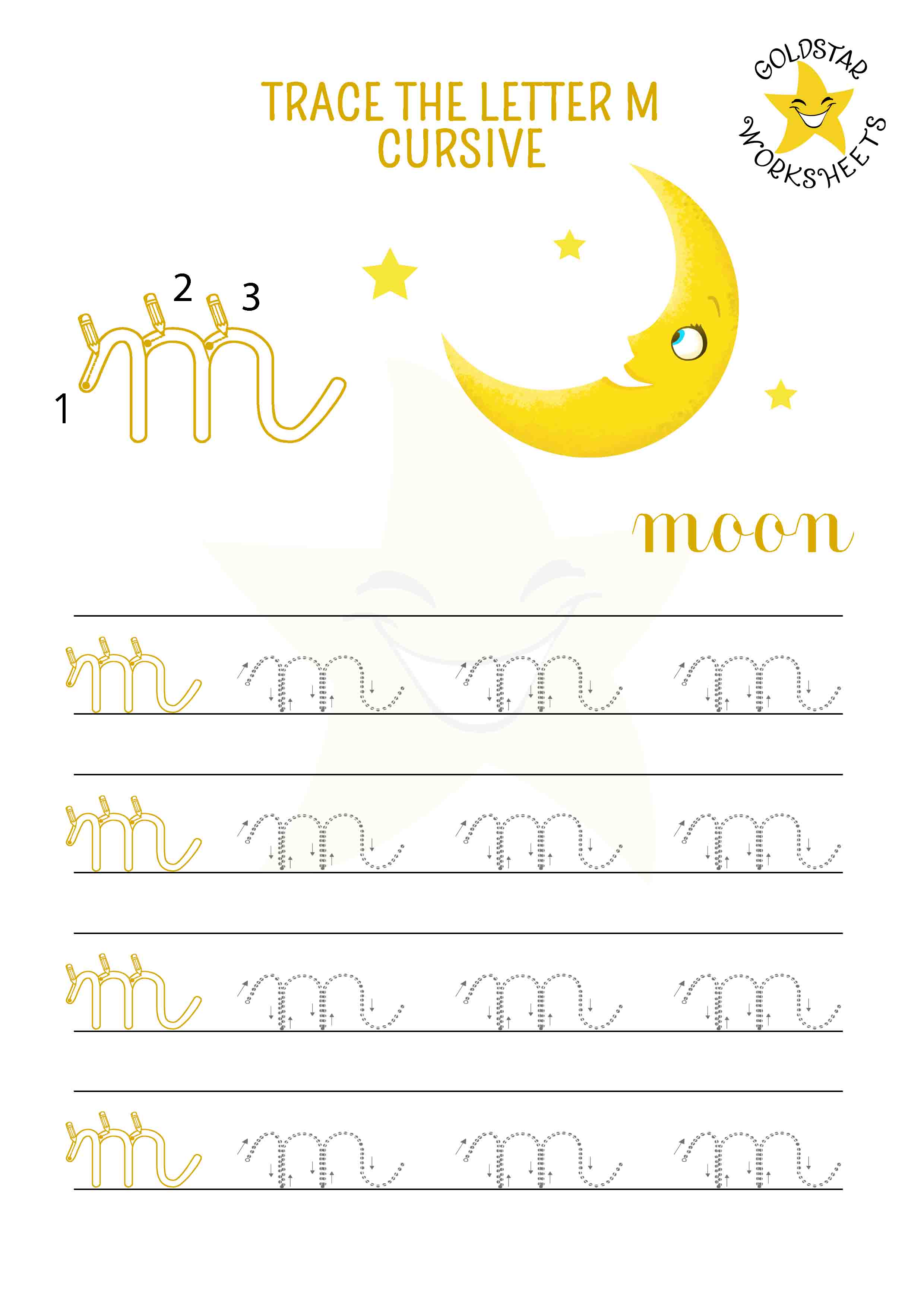 Lowercase cursive letter m tracing worksheet with a magical moon design. Free printable for kids. 4 rows of small m writing with stroke order and directional arrows.