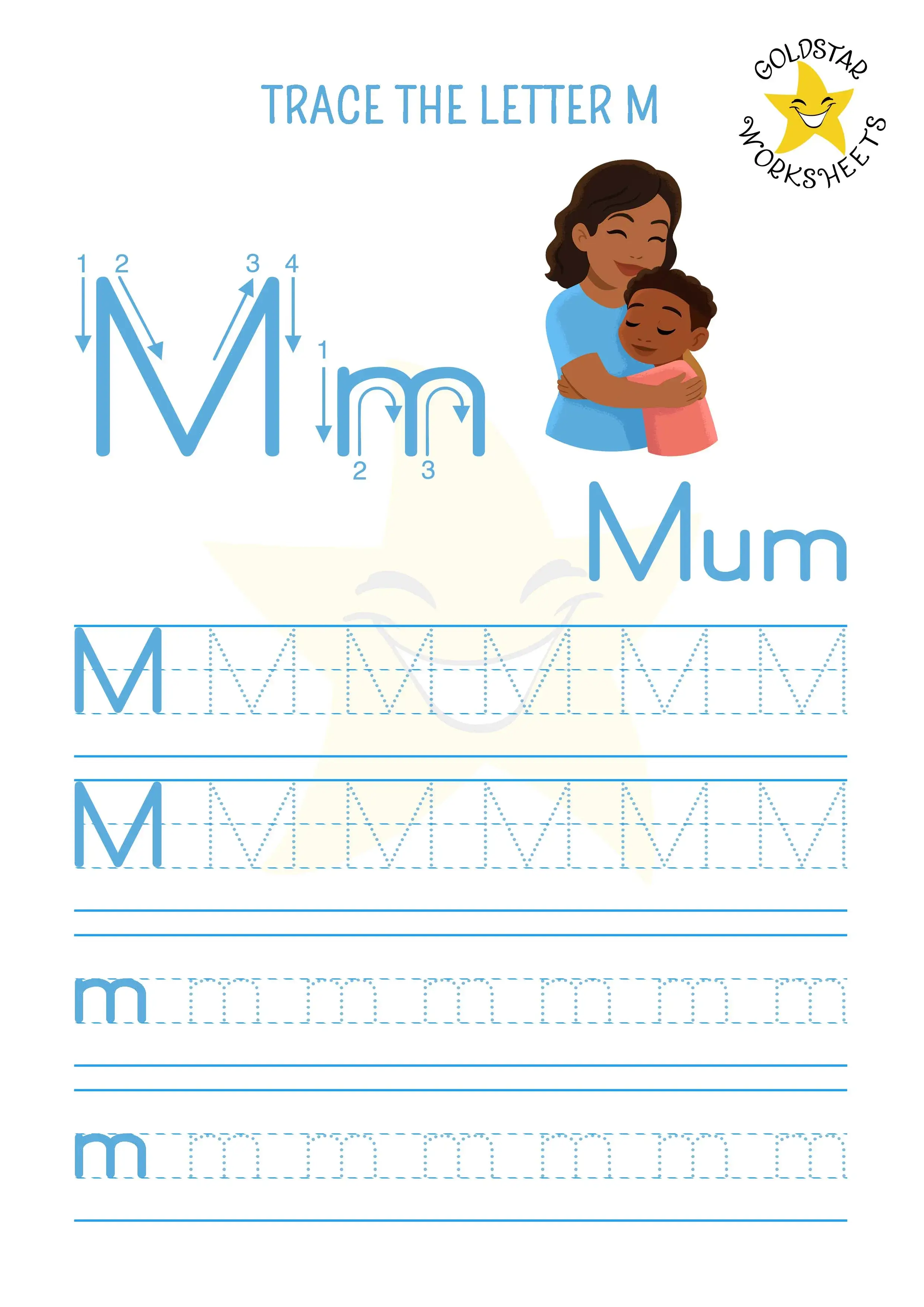 M for Mum - Uppercase and lowercase M tracing worksheet