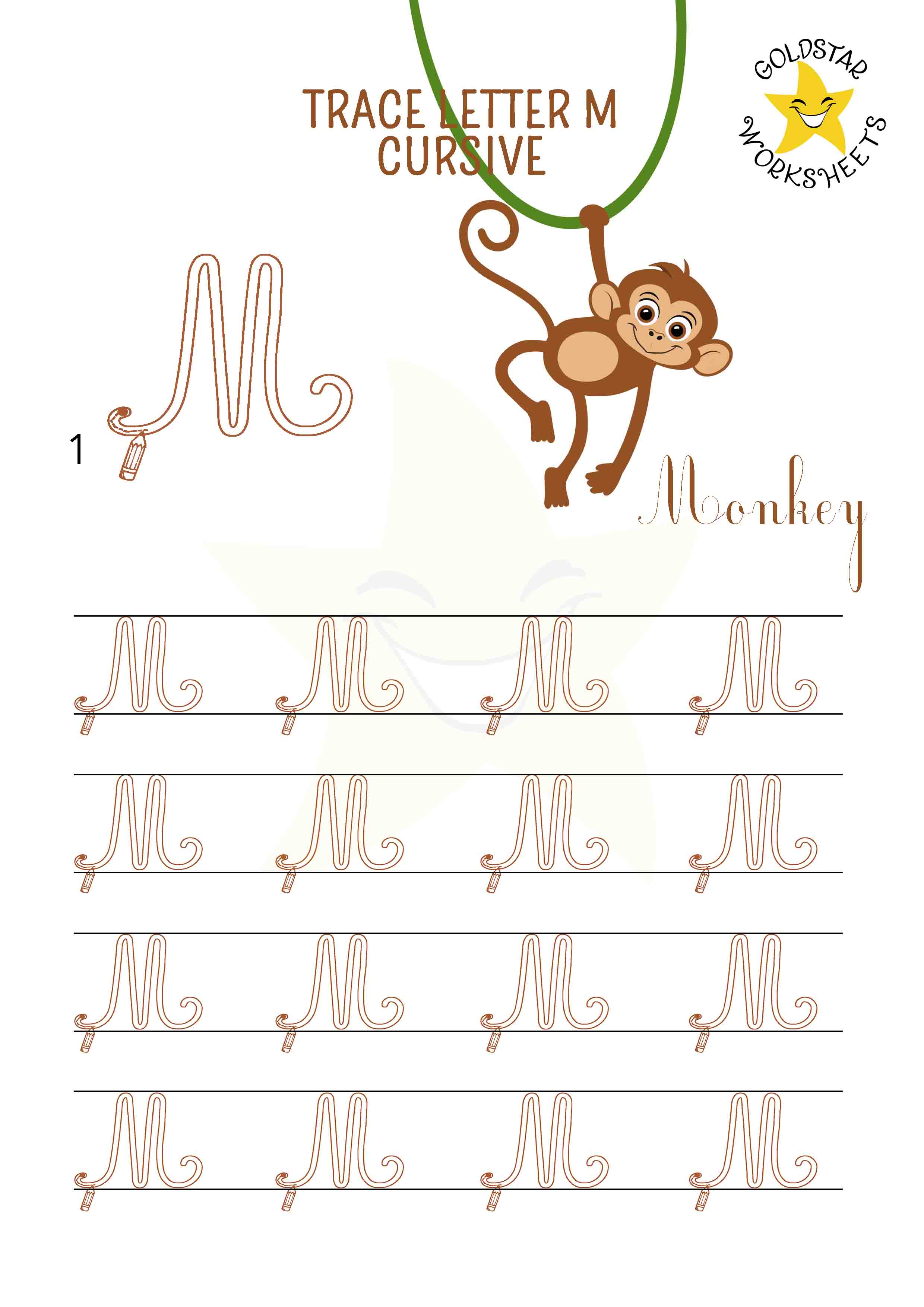 Uppercase cursive letter M tracing worksheet with a cheeky monkey design. Free printable for kids. 4 rows of capital M writing with stroke order and directional arrows.