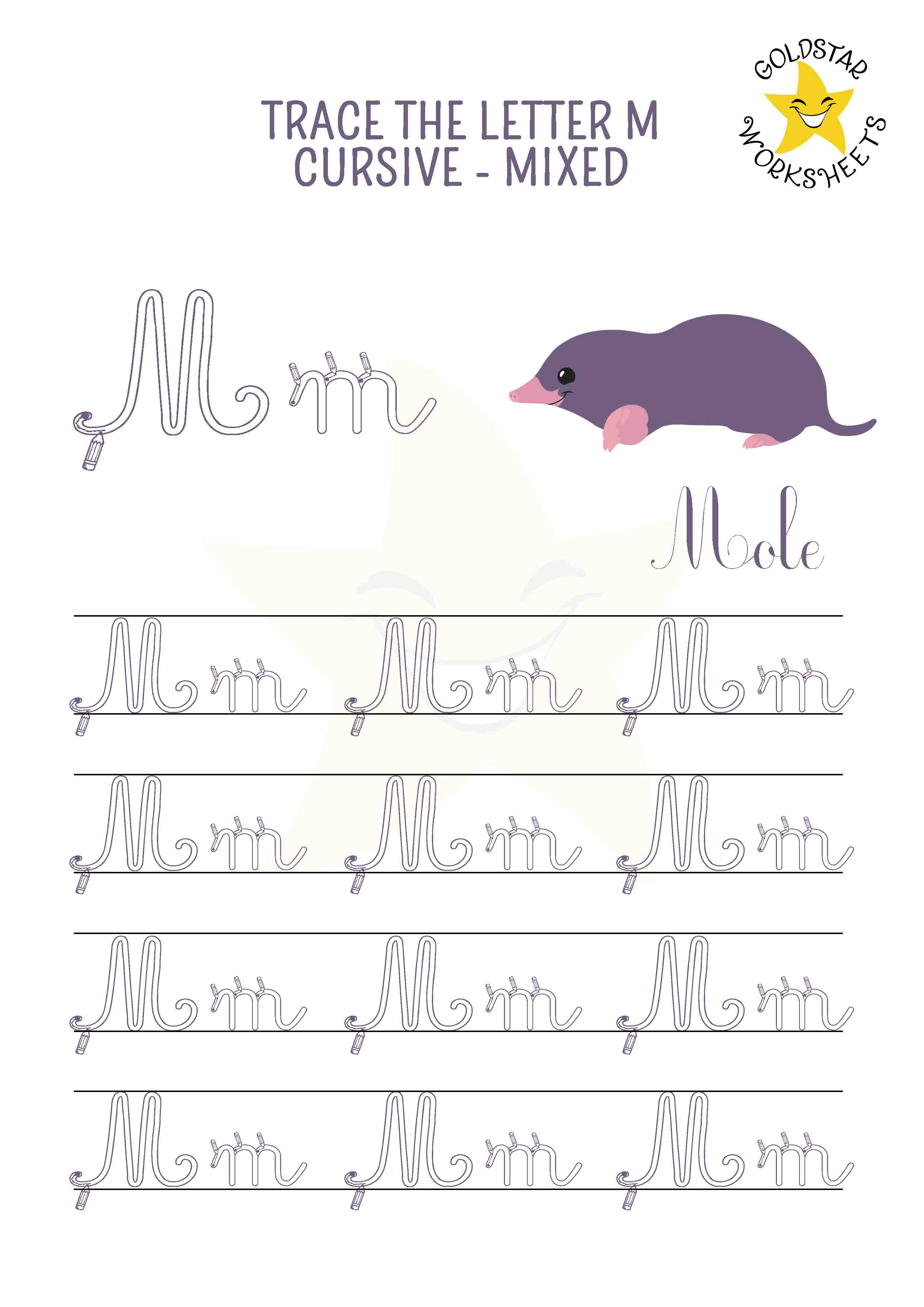 Upper and lowercase cursive letter M tracing worksheet. This mixed practise sheet features a cute mole. Free printable PDF for 2nd and 3rd grade kids practicing cursive handwriting. 4 rows of capital M and small m writing includes directional arrows and stroke order.