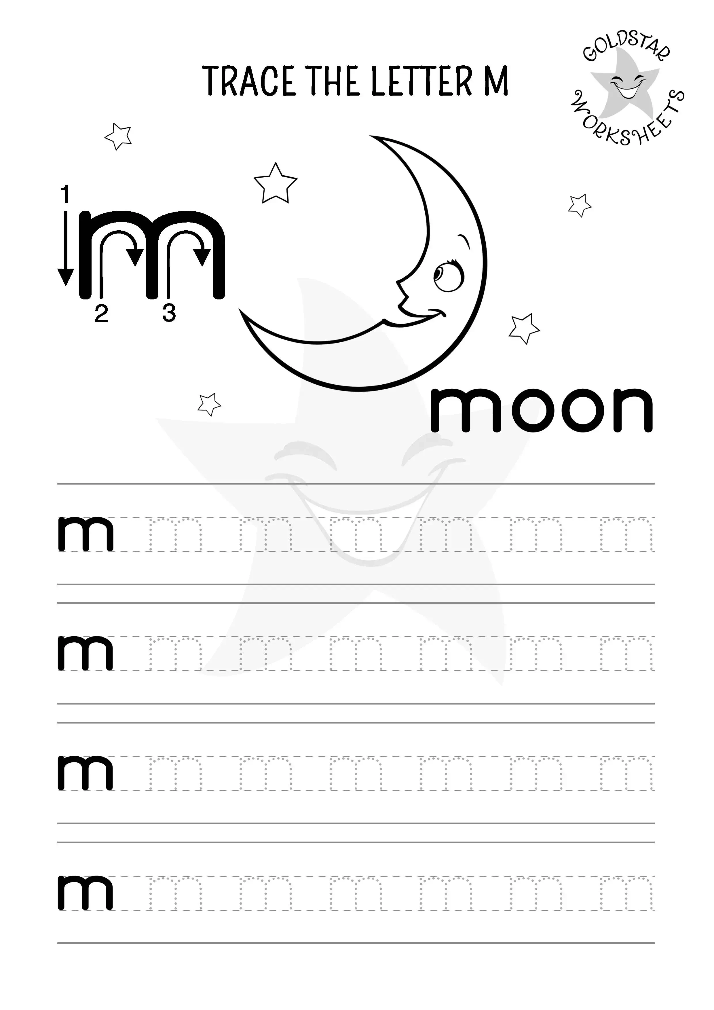 Lowercase letter M tracing and coloring worksheet featuring a crescent moon and stars