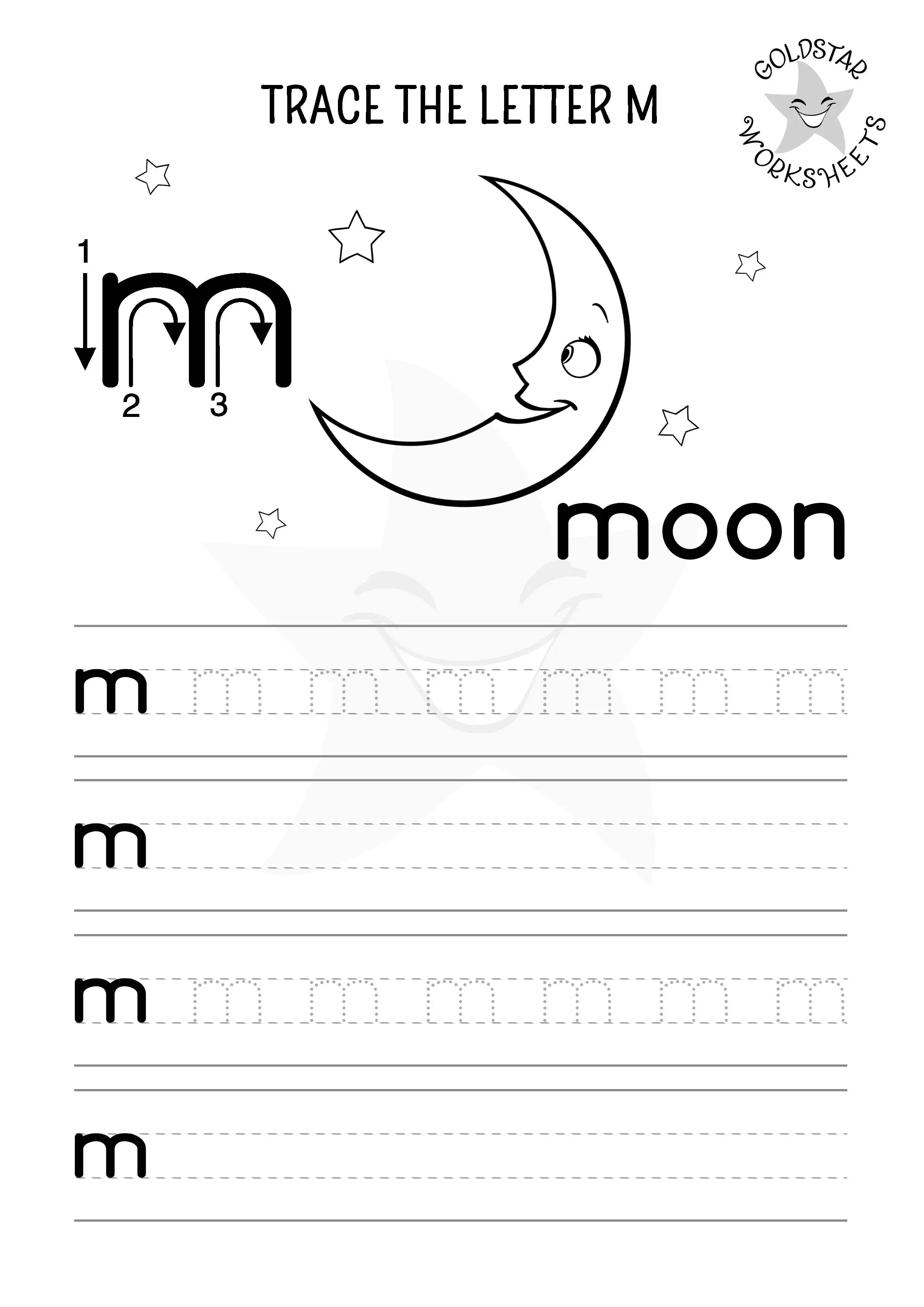 Lowercase letter M tracing, writing, and coloring worksheet featuring a crescent moon and stars