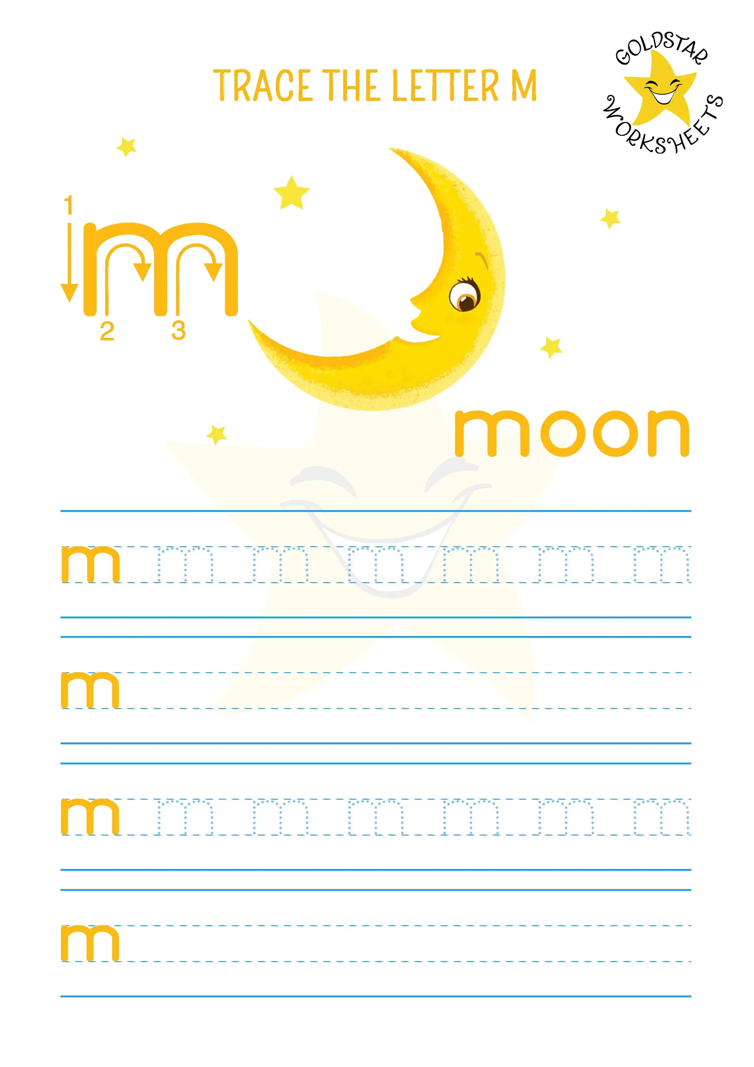Lowercase letter M tracing and writing worksheet featuring a crescent moon and stars