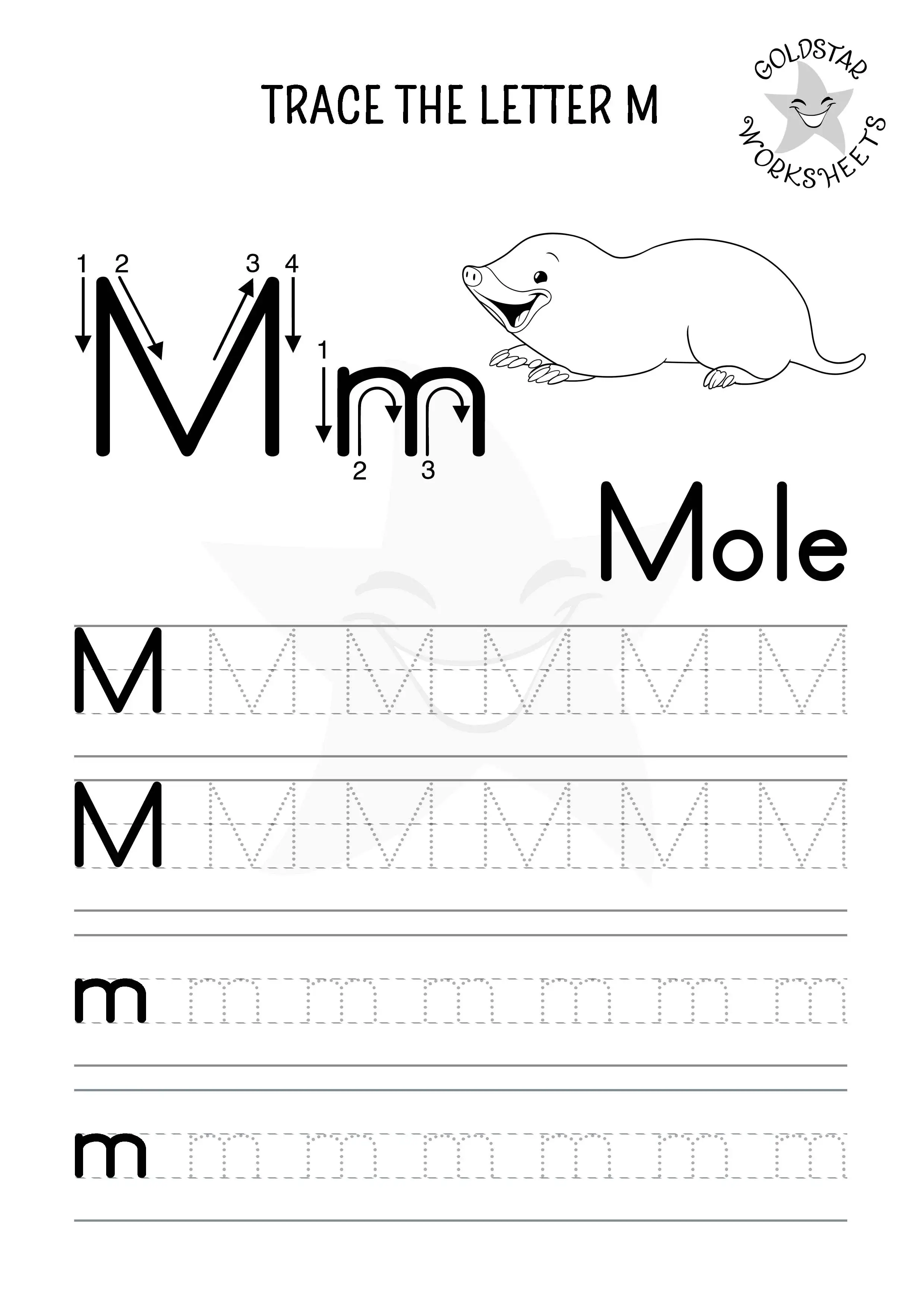 M for Mole – Printable M tracing page with uppercase and lowercase M in black and white for kids to color.