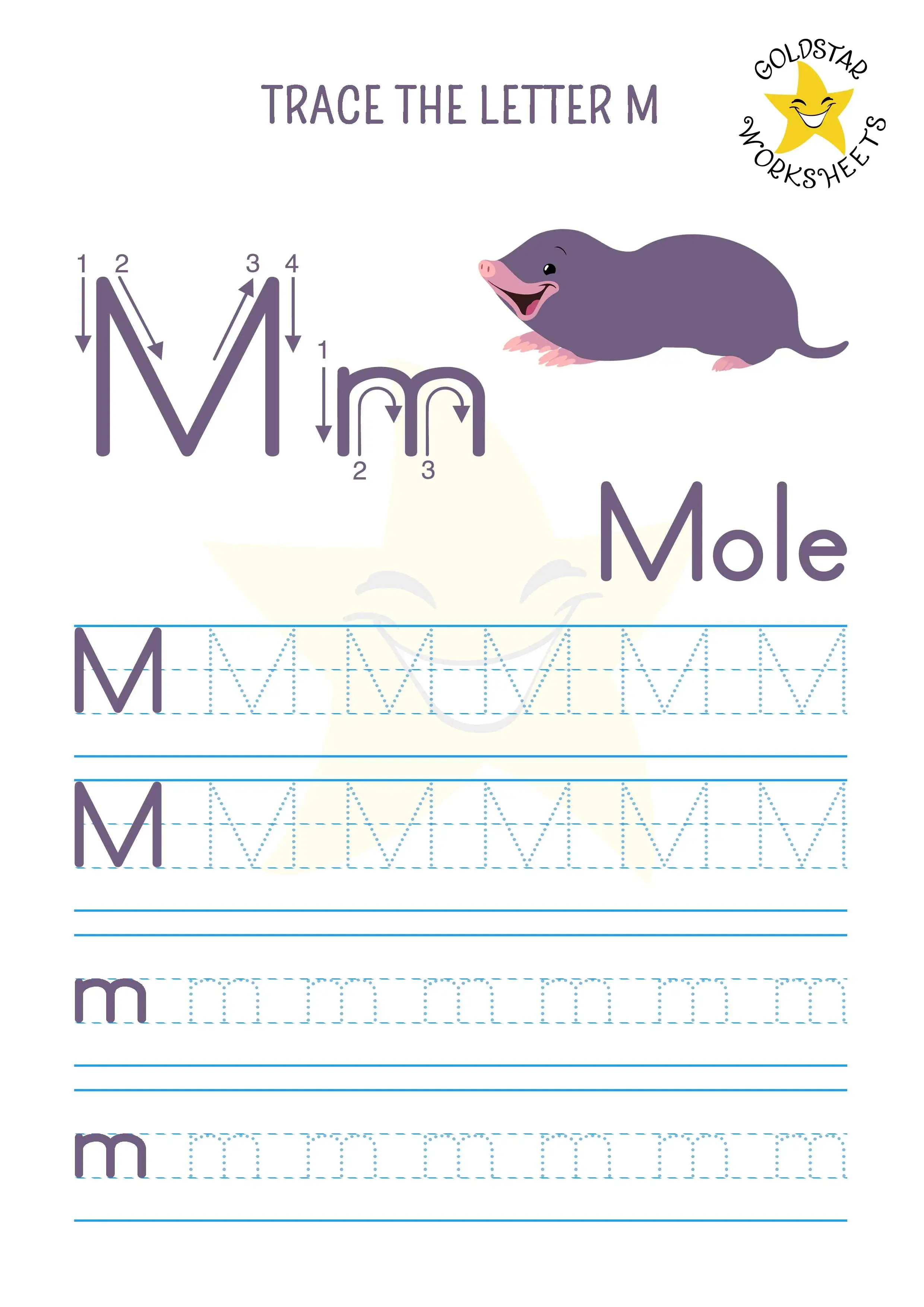 M for Mole - Uppercase and lowercase M tracing worksheet