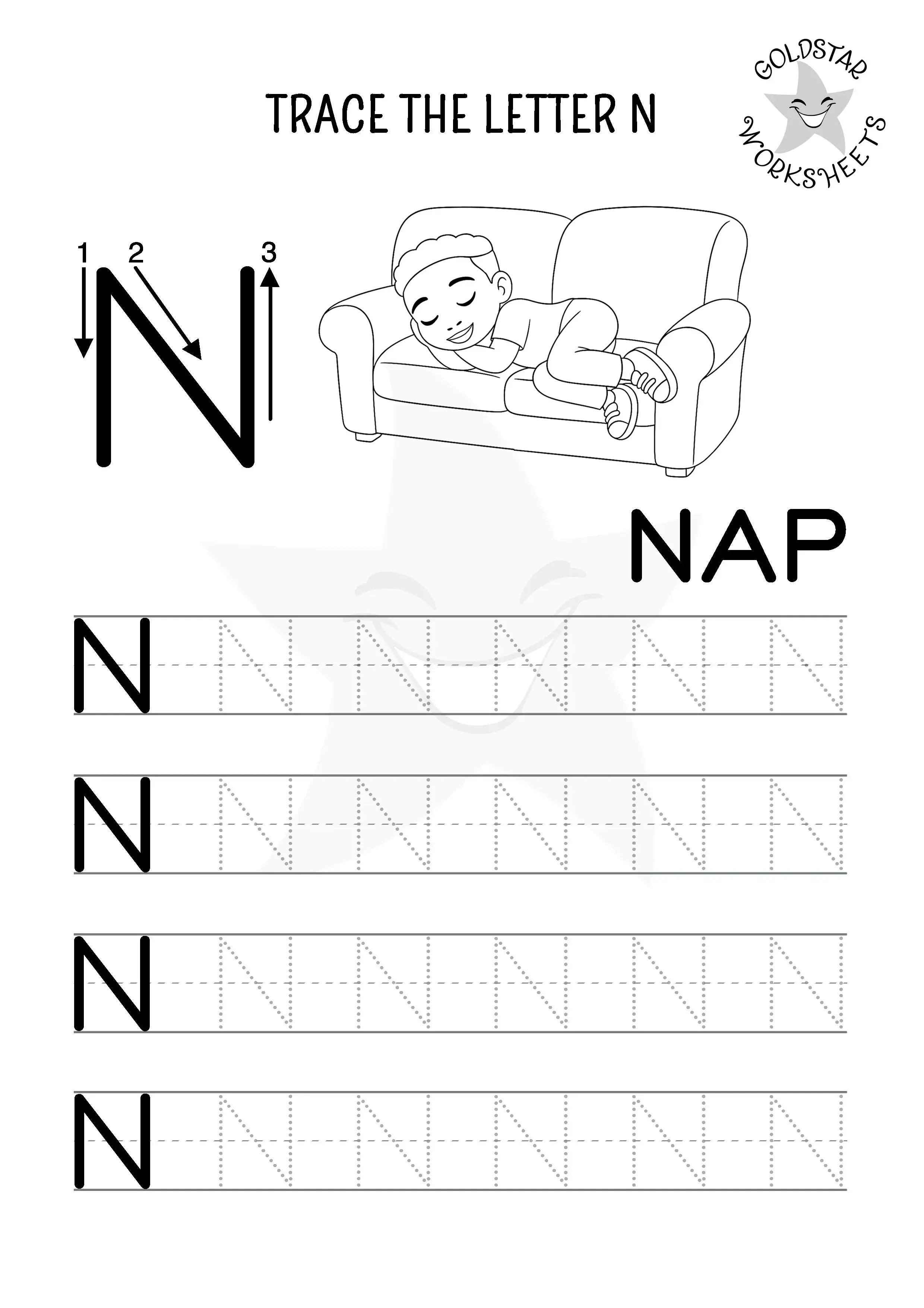 Uppercase N tracing practice with a boy taking a cosy nap. Designed for kids to color in. 