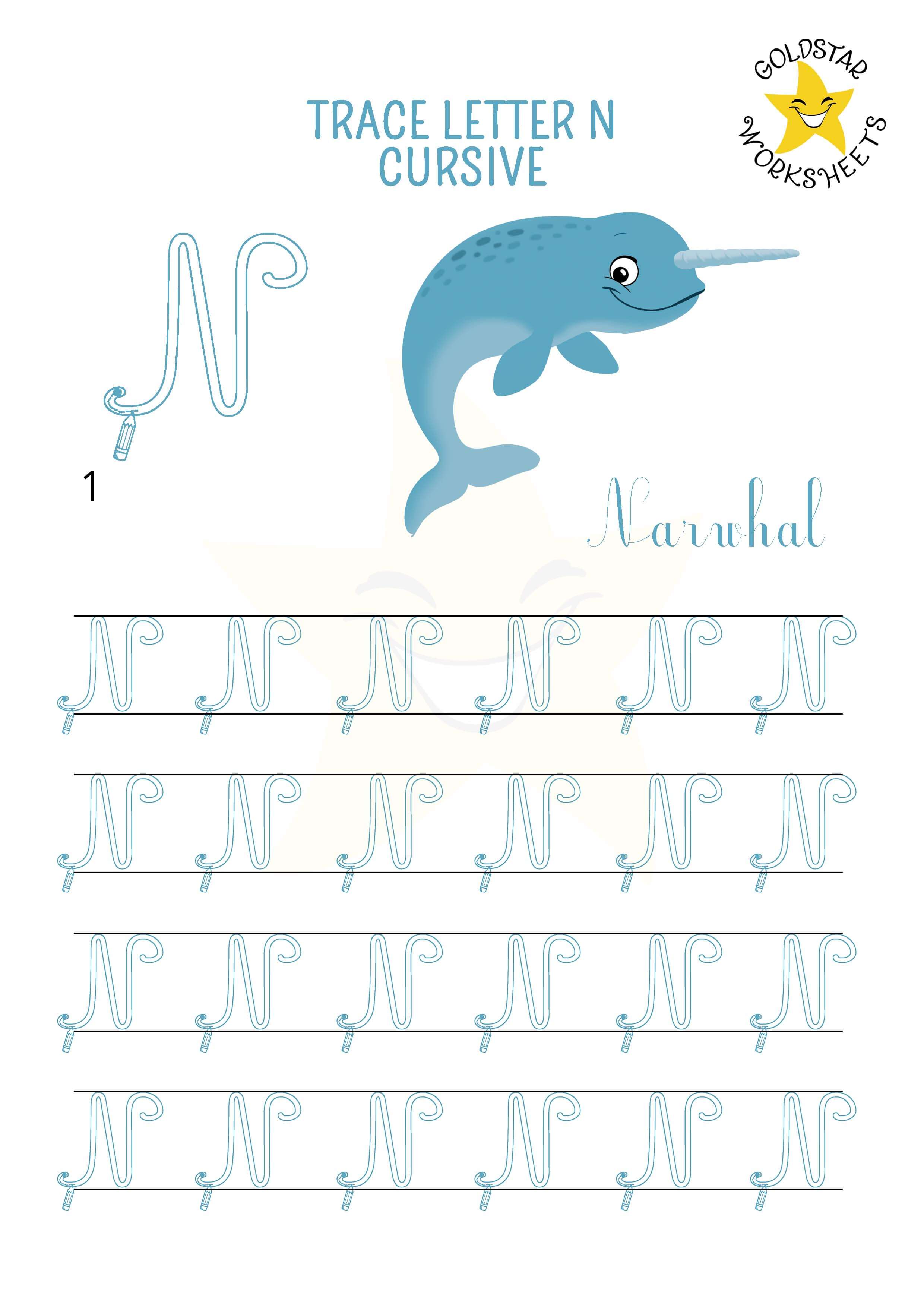 Uppercase cursive letter n tracing worksheet with a interesting narwhal design. Great for kids learning handwriting. 4 rows of capital N writing with stroke order and directional arrows.