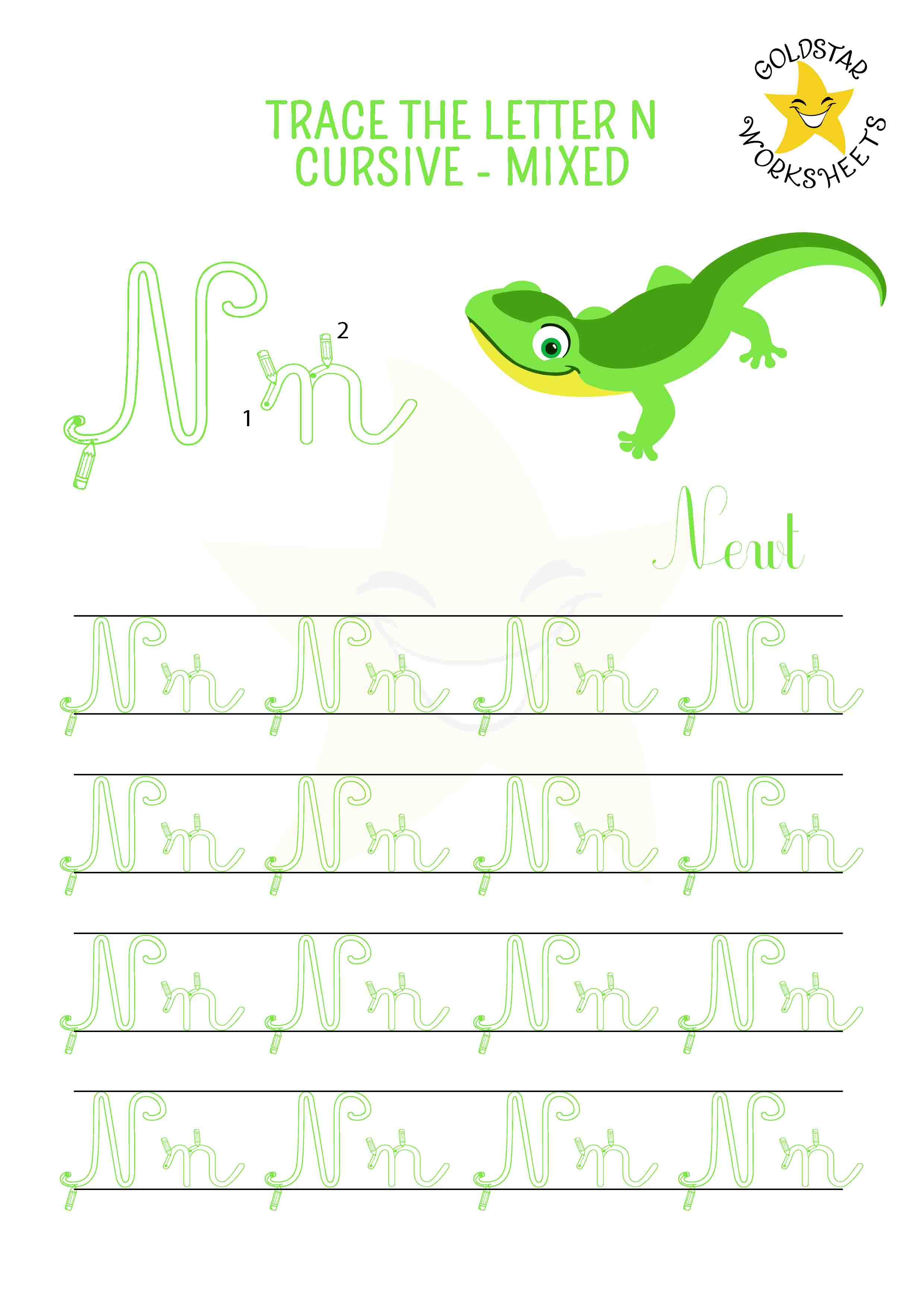 Upper and lowercase cursive letter N tracing worksheet. This mixed practise sheet features a cute newt. Free printable PDF for 2nd and 3rd grade kids practicing cursive handwriting. 4 rows of capital N and small n writing includes directional arrows and stroke order.