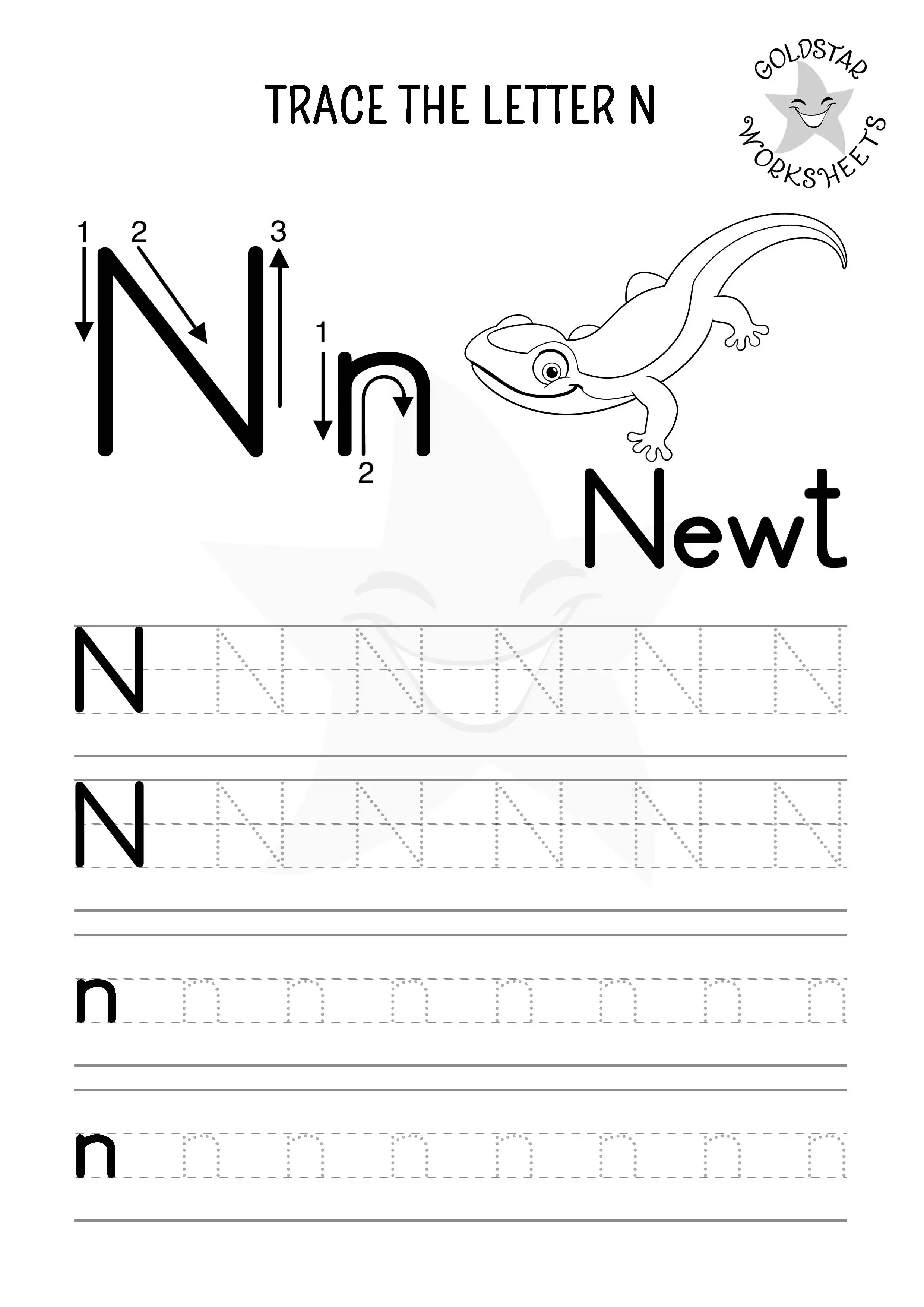 N for Newt – Letter N tracing worksheet in black and white with fun coloring and space to trace both letter cases.