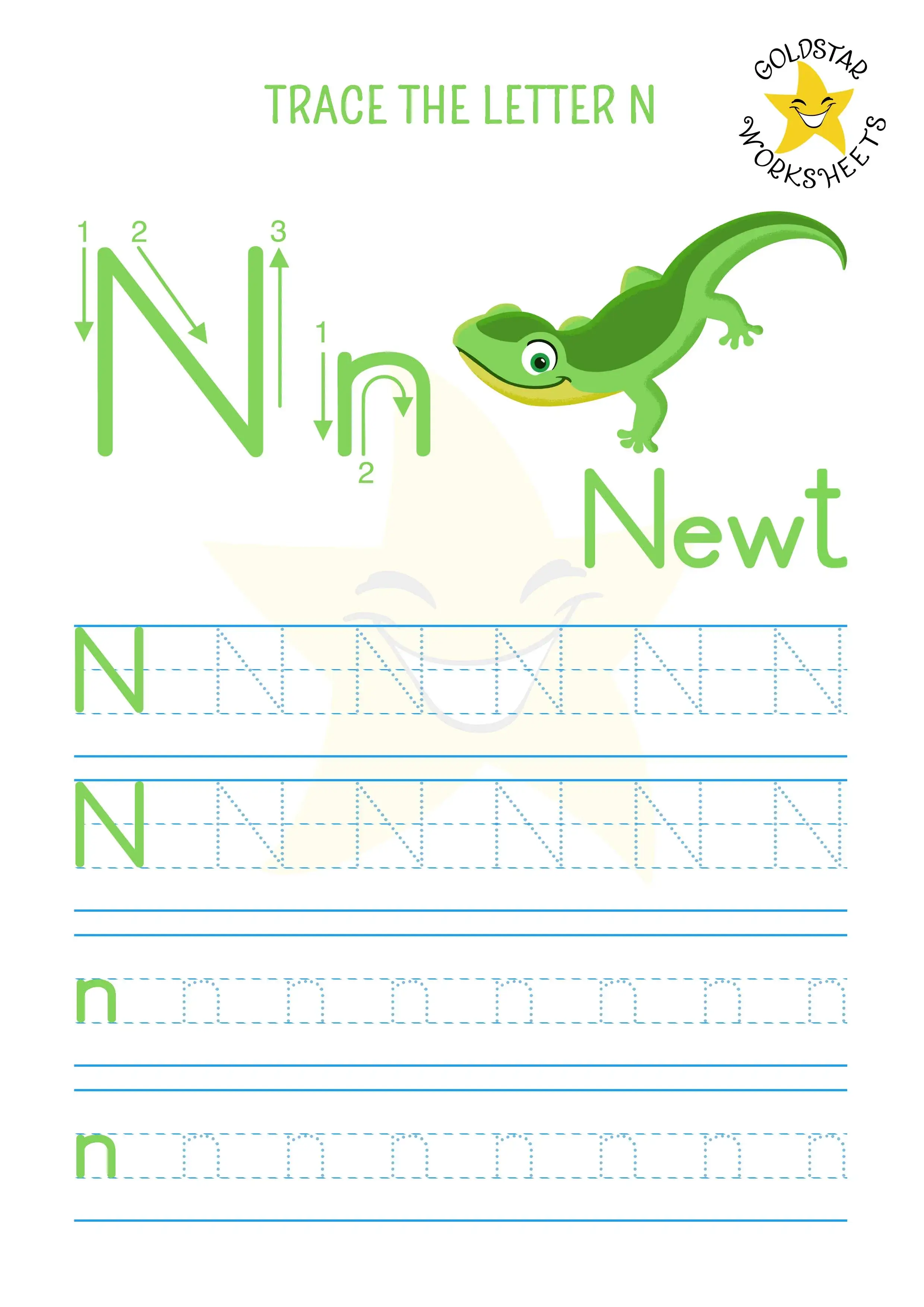 N for Newt - Free printable trace the letter N worksheet combining upper and lowercase practice