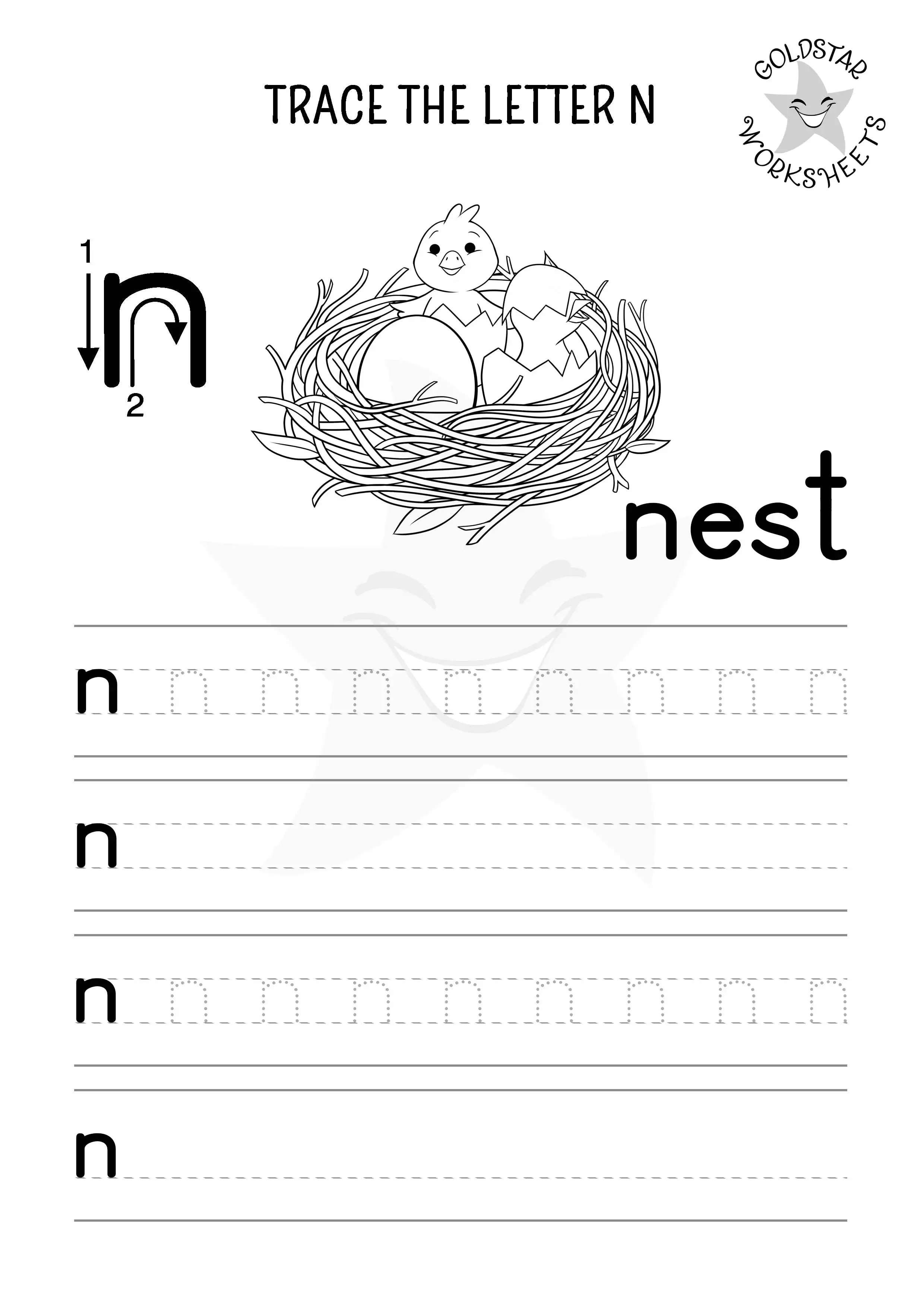 Lowercase letter n tracing, writing, and coloring worksheet with a cute blue bird in a nest
