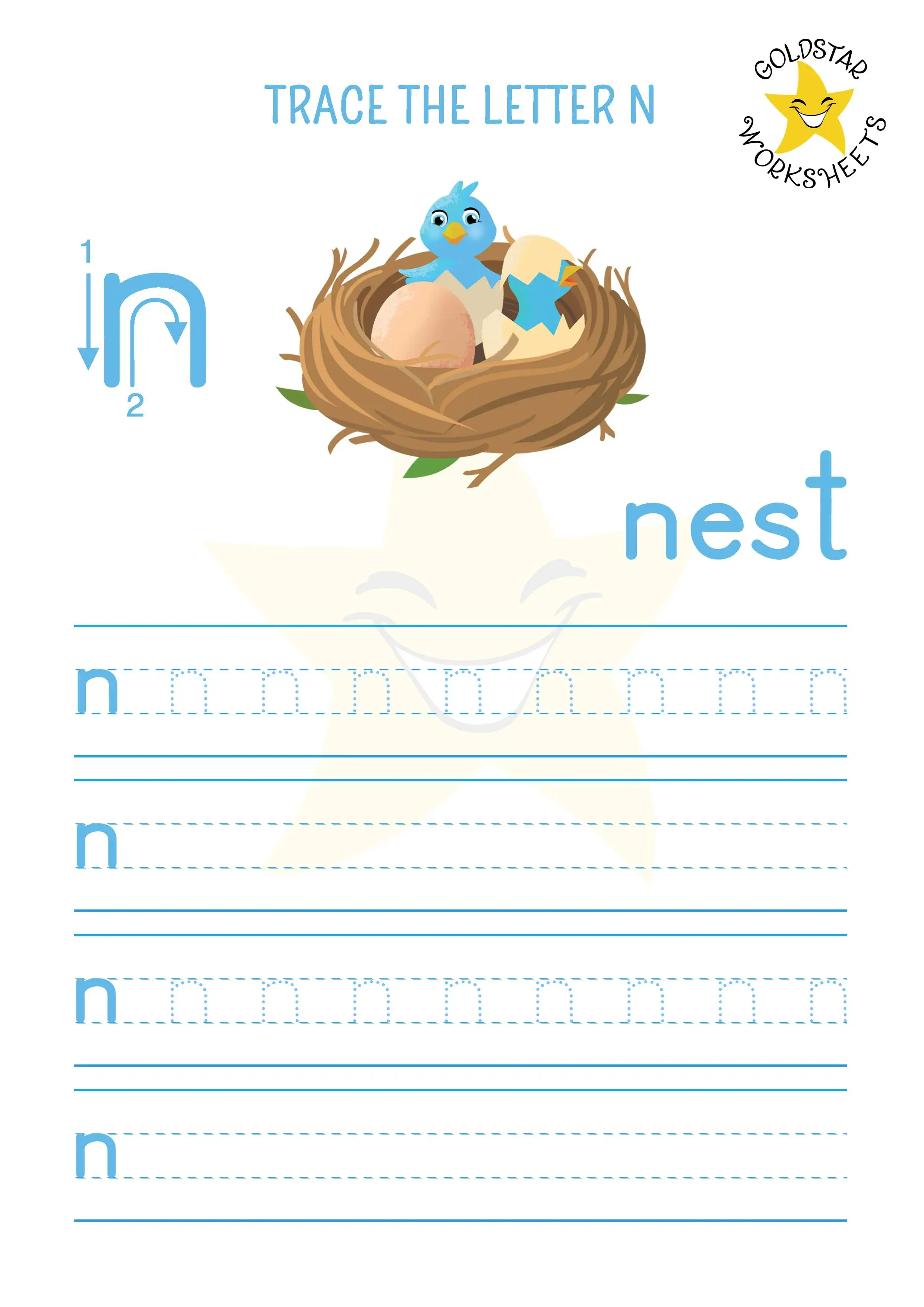 Lowercase letter n tracing and writing worksheet with a cute blue bird in a nest