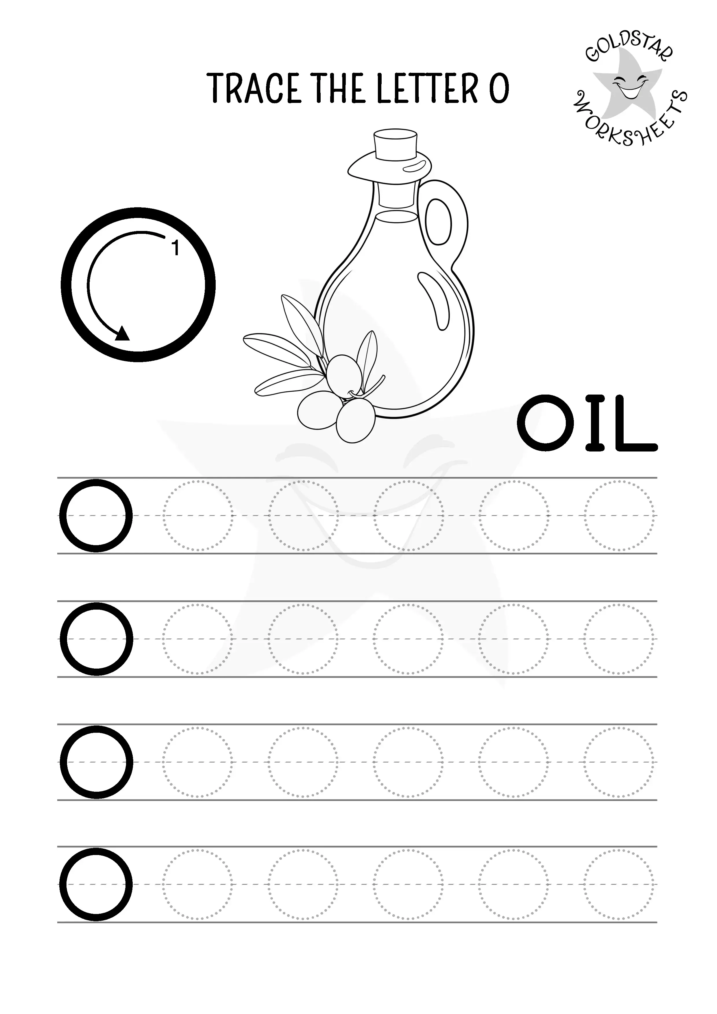 Letter O capital letter tracing worksheet with delicious and healthy oil. Designed for kids to color in. 