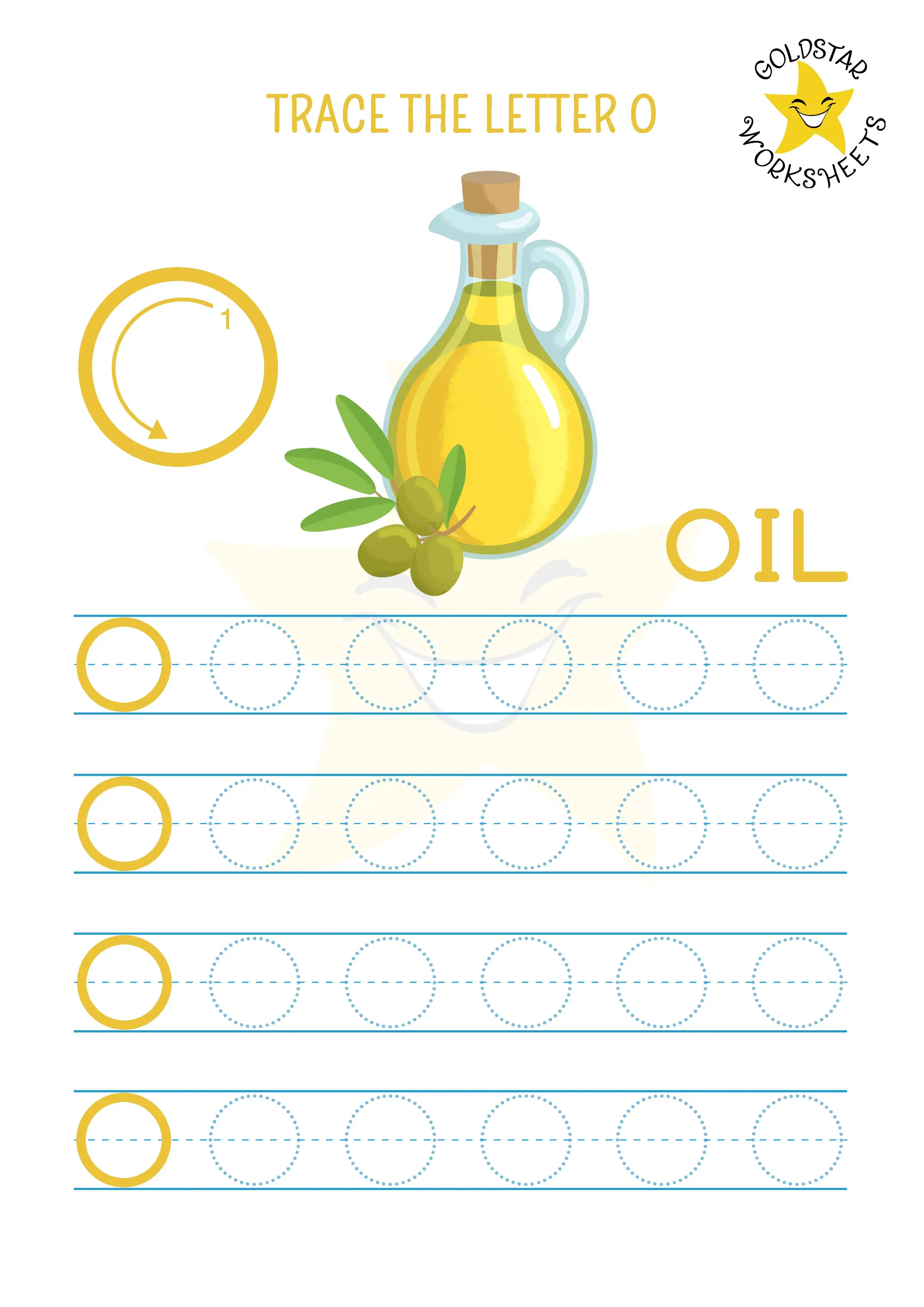 Letter O capital letter tracing worksheet with delicious and healthy oil