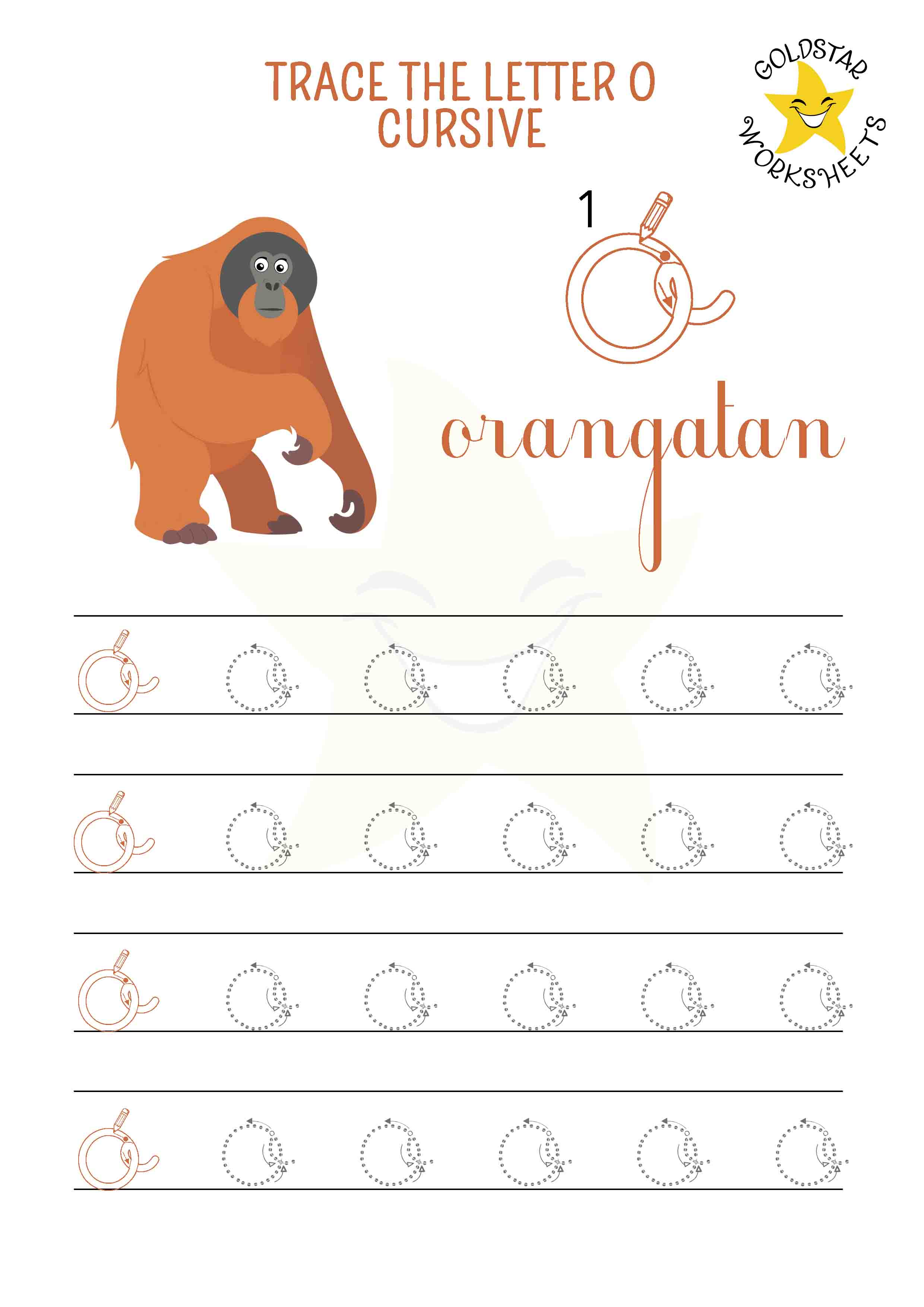Lowercase cursive letter o tracing worksheet with an outgoing orangutan design. Free printable for kids. 4 rows of small o writing with stroke order and directional arrows.