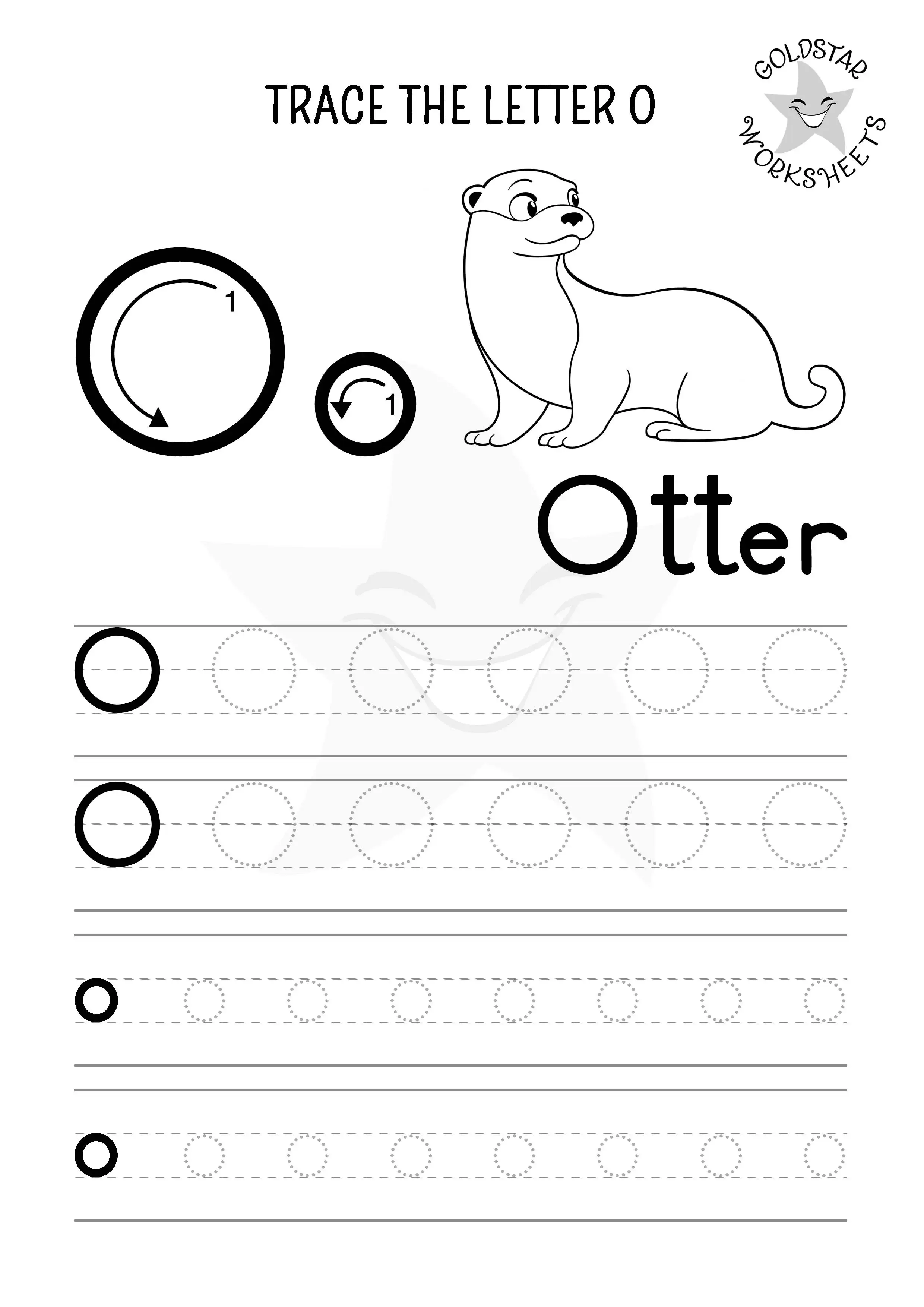 O for Otter – Mixed case O tracing worksheet with coloring for kids.