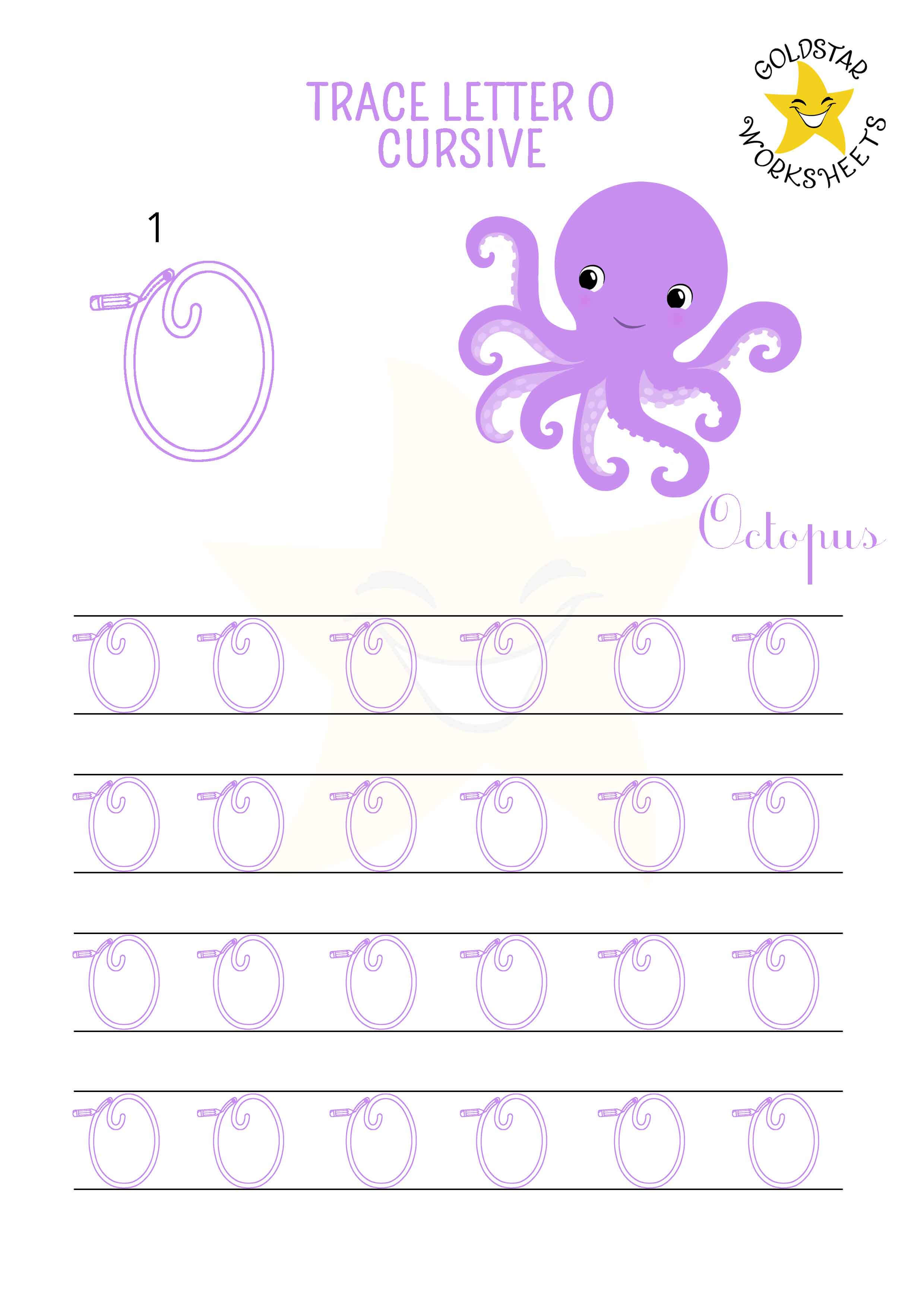 Uppercase cursive letter o tracing worksheet with original octopus design. Free printable for kids. 4 rows of capital O writing with stroke order and directional arrows.